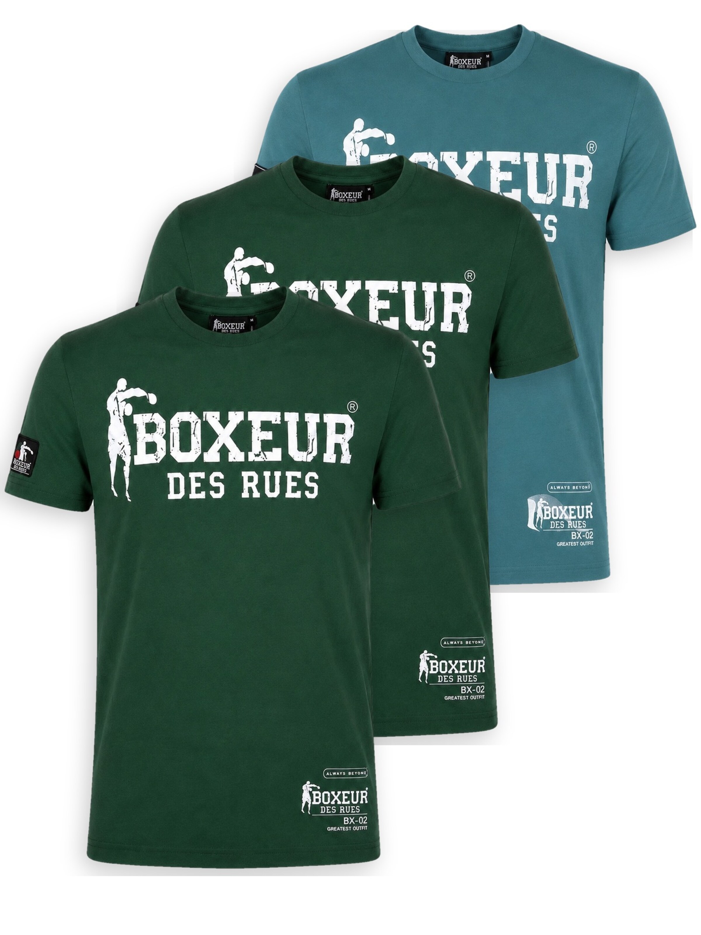 Boxeur des Rues Shirt 'Herren T-Shirt 3er-Pack Boxeur des Rues Slim Fit: Ozeanblau, Weißes Logo + 2 x Dunkelgrün, Weißes Logo'‌‌‌‌‌‌‌‌ in Mischfarben: Vorderseite