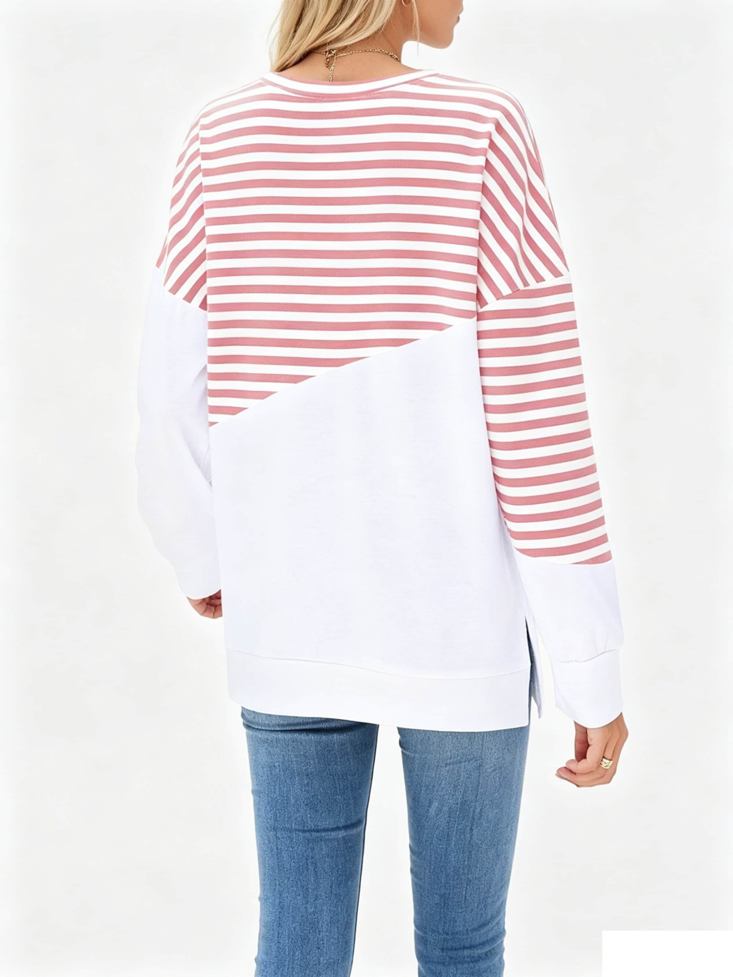 KoJooin Koszulka 'Damen Colorblock Streifen Raglan Sweatshirt Rundhals Seitenschlitze Langarm Freizeit Pullover' w kolorze różowy