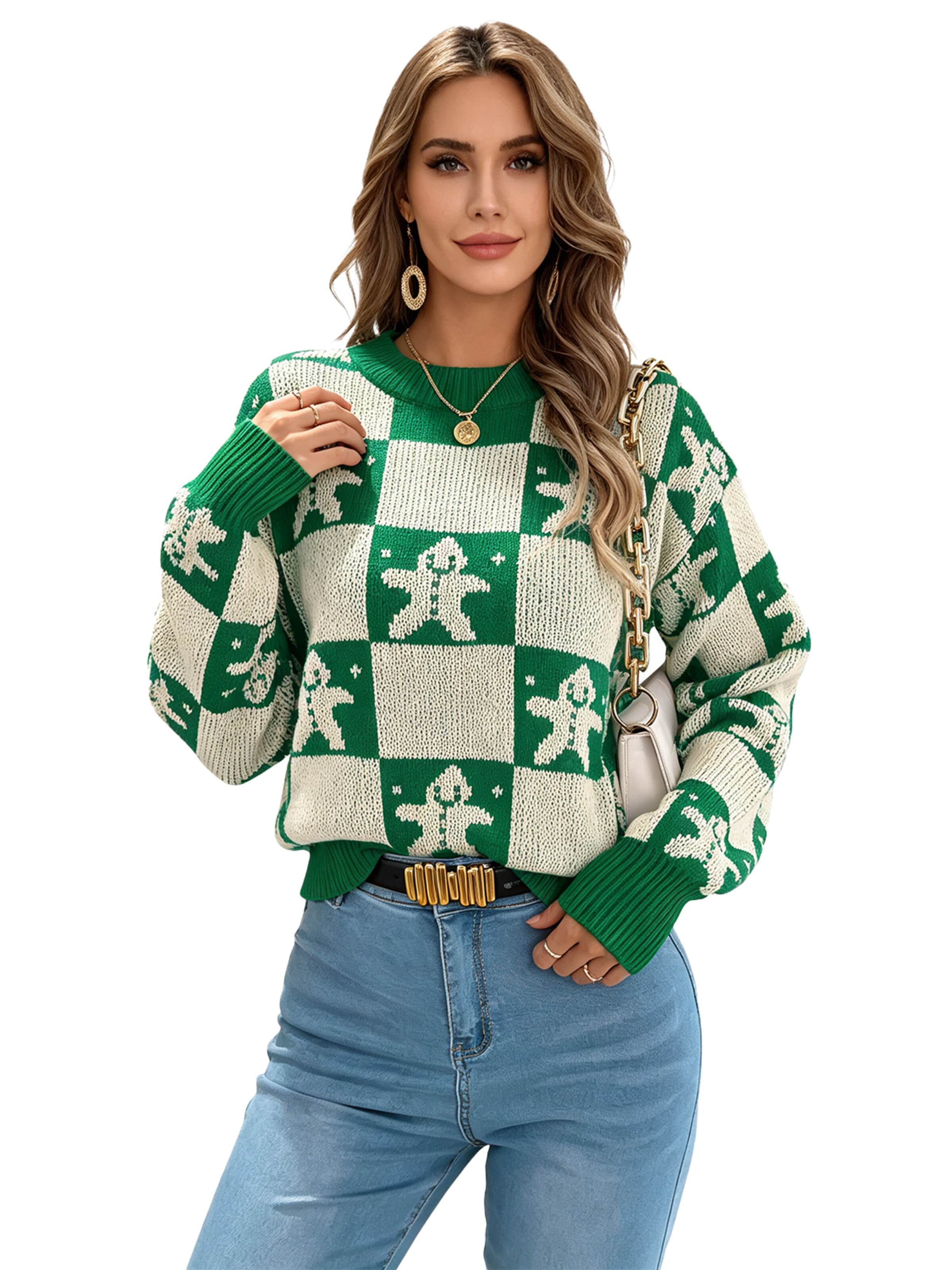 KoJooin Pullover 'Damen Weihnachtspullover mit Rentier- und Karomuster – Gemütlicher Langarm-Pullover mit Puffärmeln' in Grün