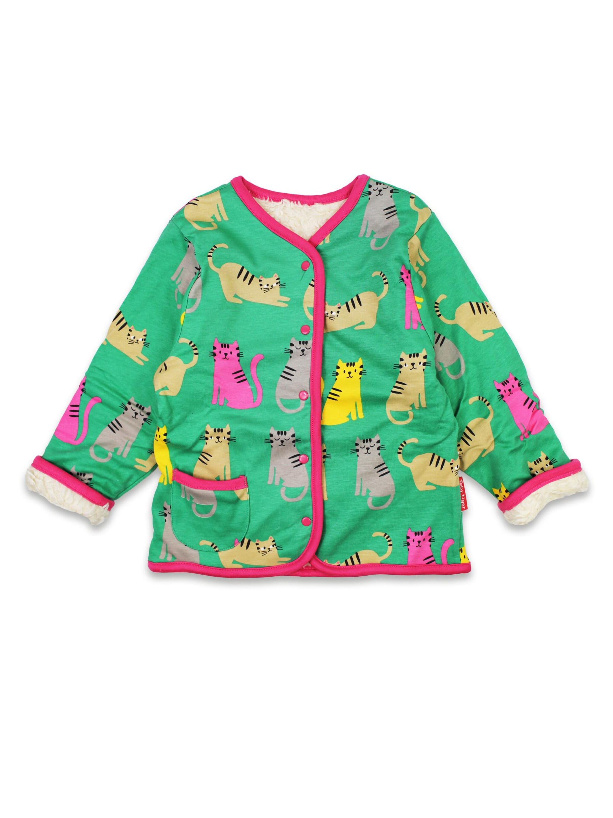 Toby Tiger Fleece Jacket 'zum Wenden mit Kätzchen-Druck' in Green: front