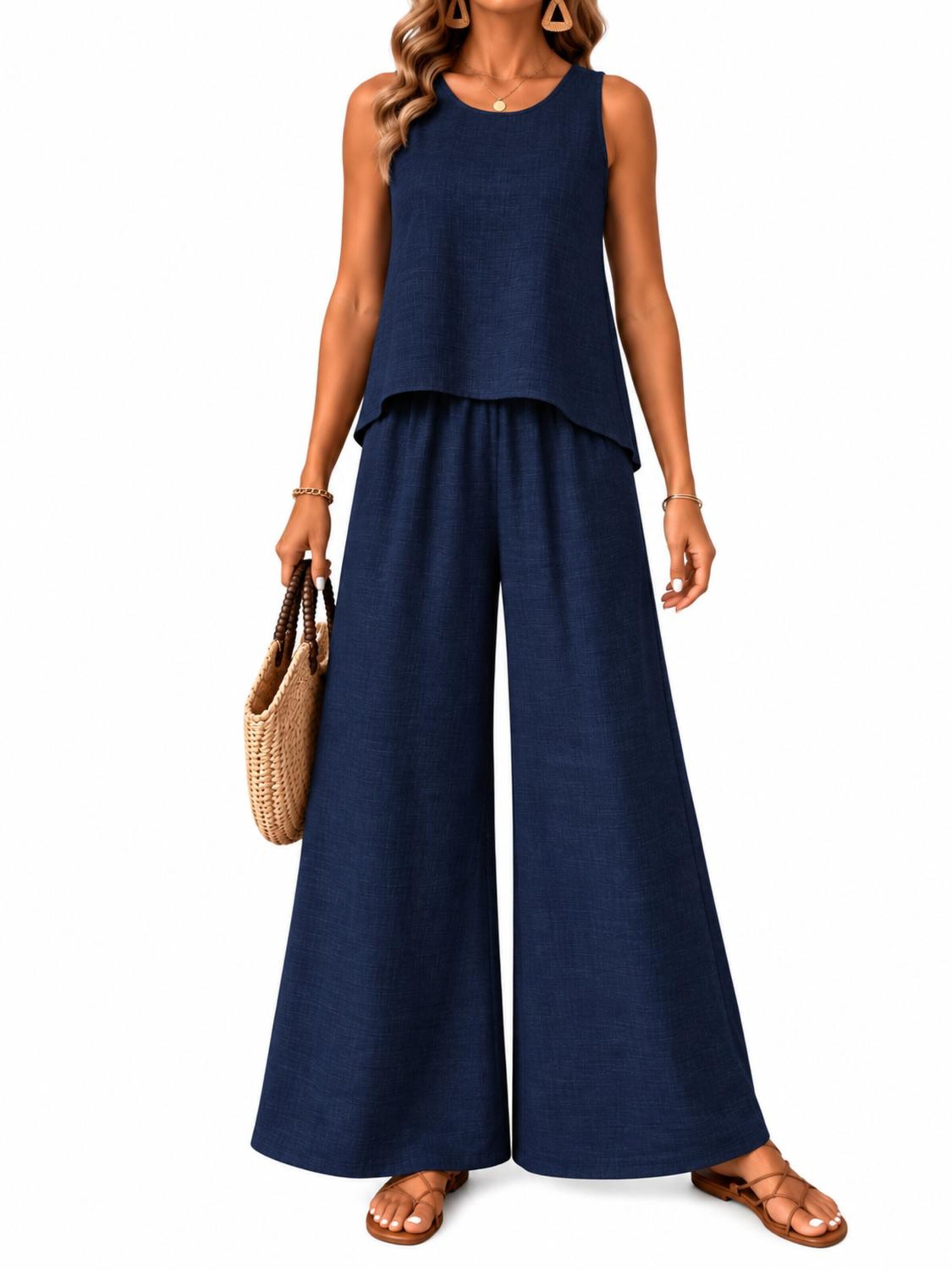 SPORTS36.NL Jurk 'Women's Sleeveless Linen-Blend 2-Piece Set' in Blauw: voorkant