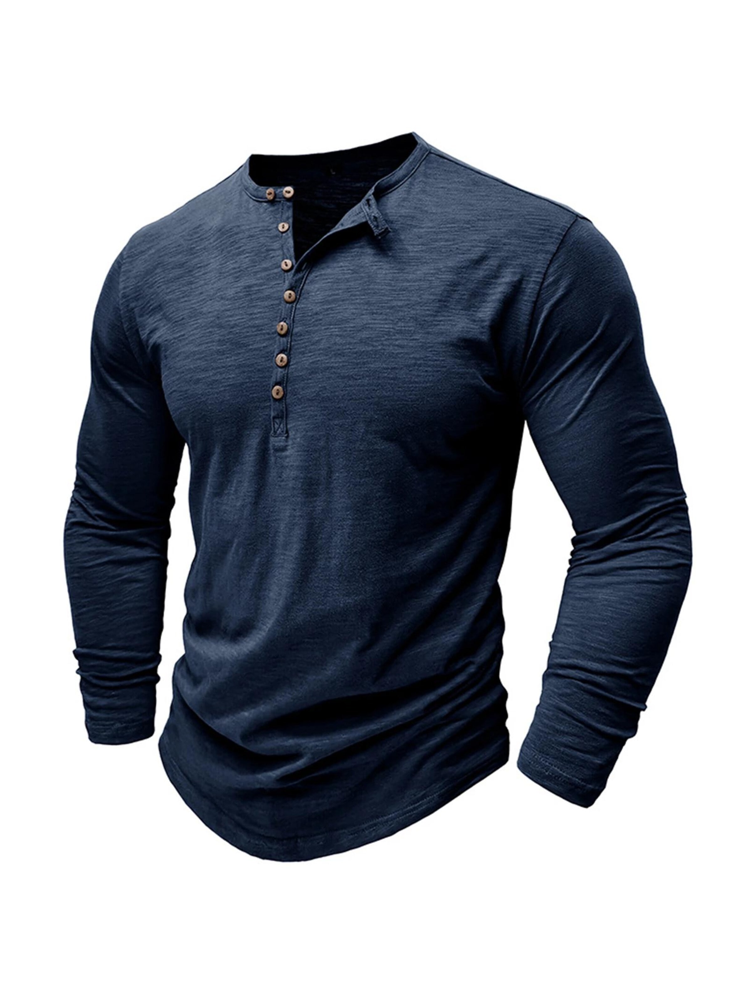 KoJooin Koszulka 'Herren Henley-Shirts, Langarm-T-Shirts, lässige, leichte Mode, Pullover-Shirt mit Knöpfen' w kolorze niebieski