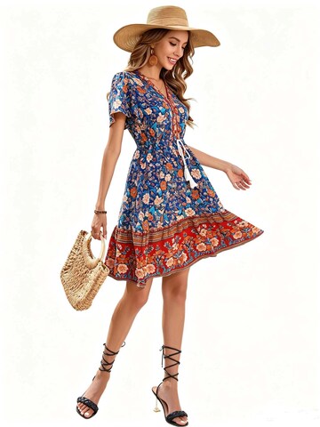 KoJooin Sukienka 'Damen Sommerkleid mit Kurzarm, platziertem Blumenprint und lässigem Boho-Look' w kolorze niebieski