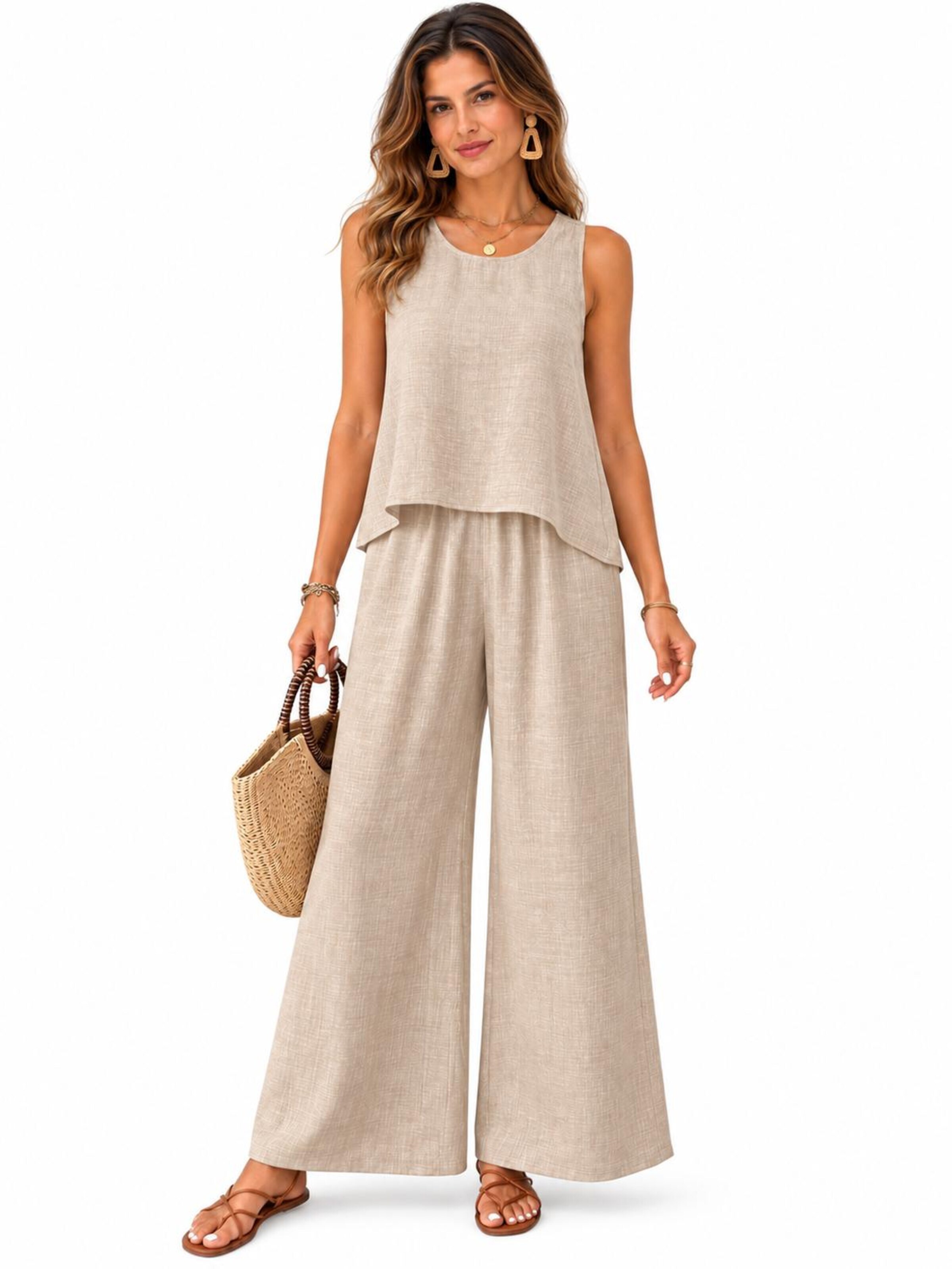 SPORTS36.NL Jurk 'Women's Sleeveless Linen-Blend 2-Piece Set' in Beige: voorkant