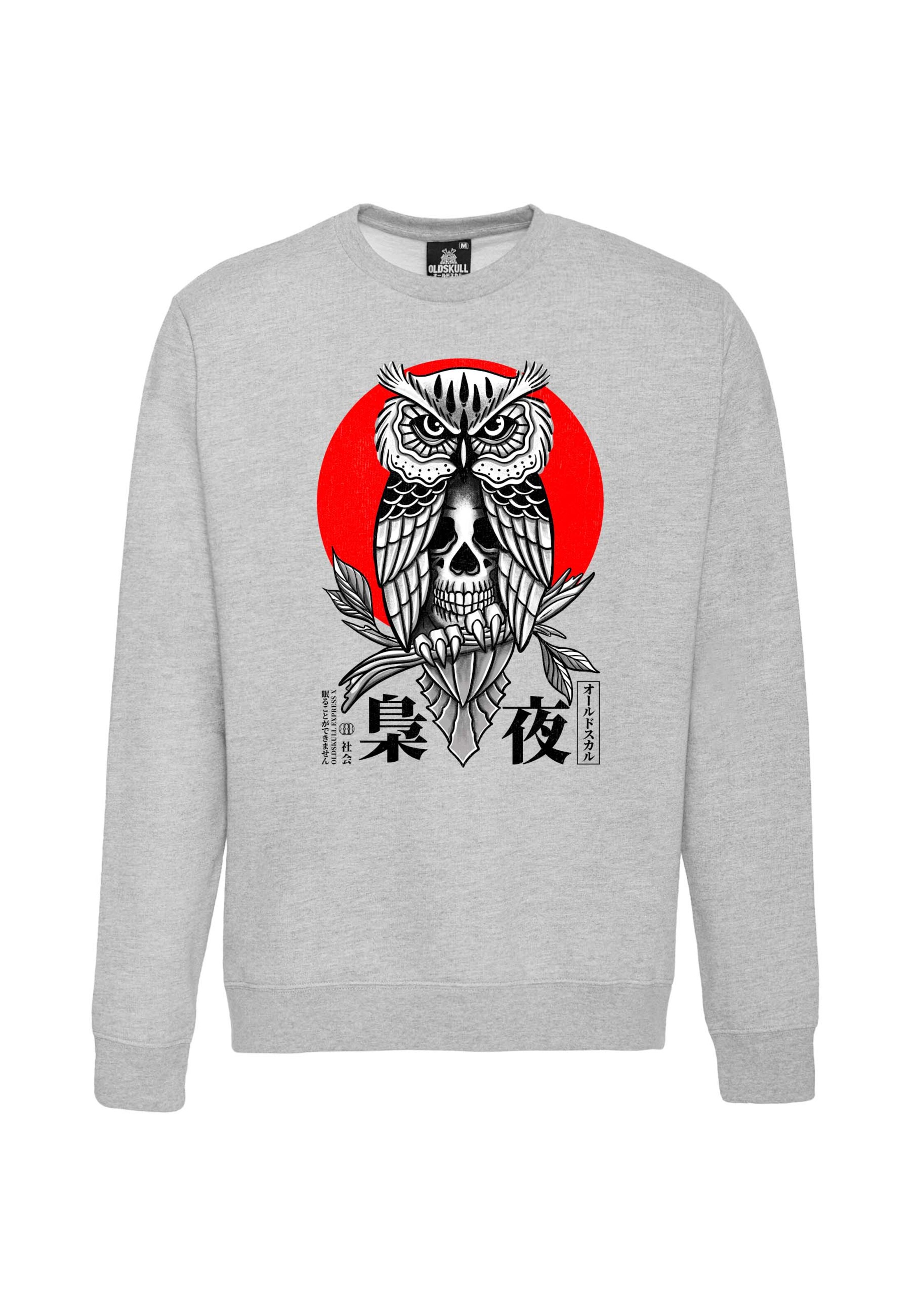 Oldskull Sweatshirt 'ASIAN SECRET OWL SKULL' in Grau: Vorderseite