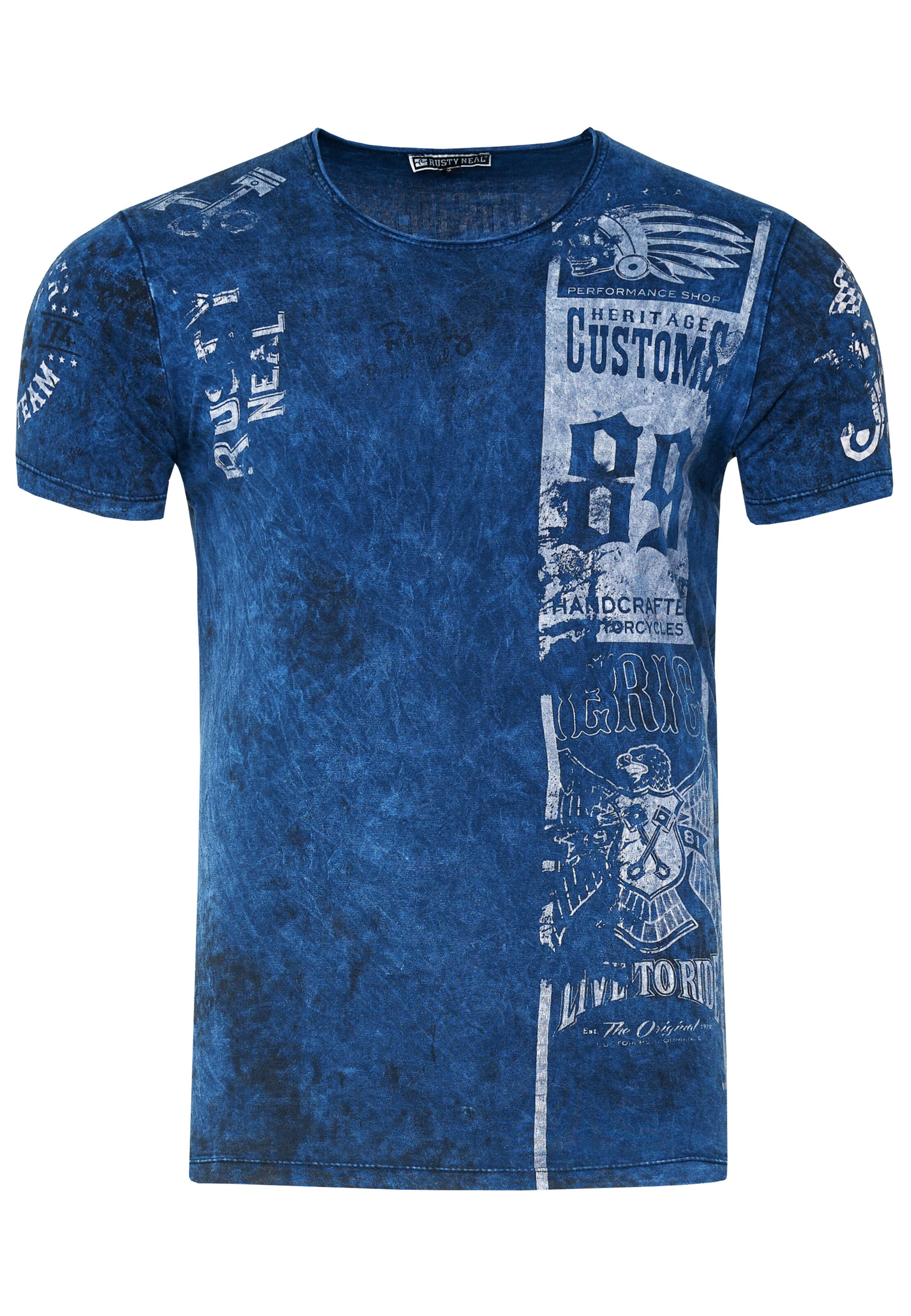 Rusty Neal T-Shirt mit modernem Front & Back Print in Blau: Vorderseite