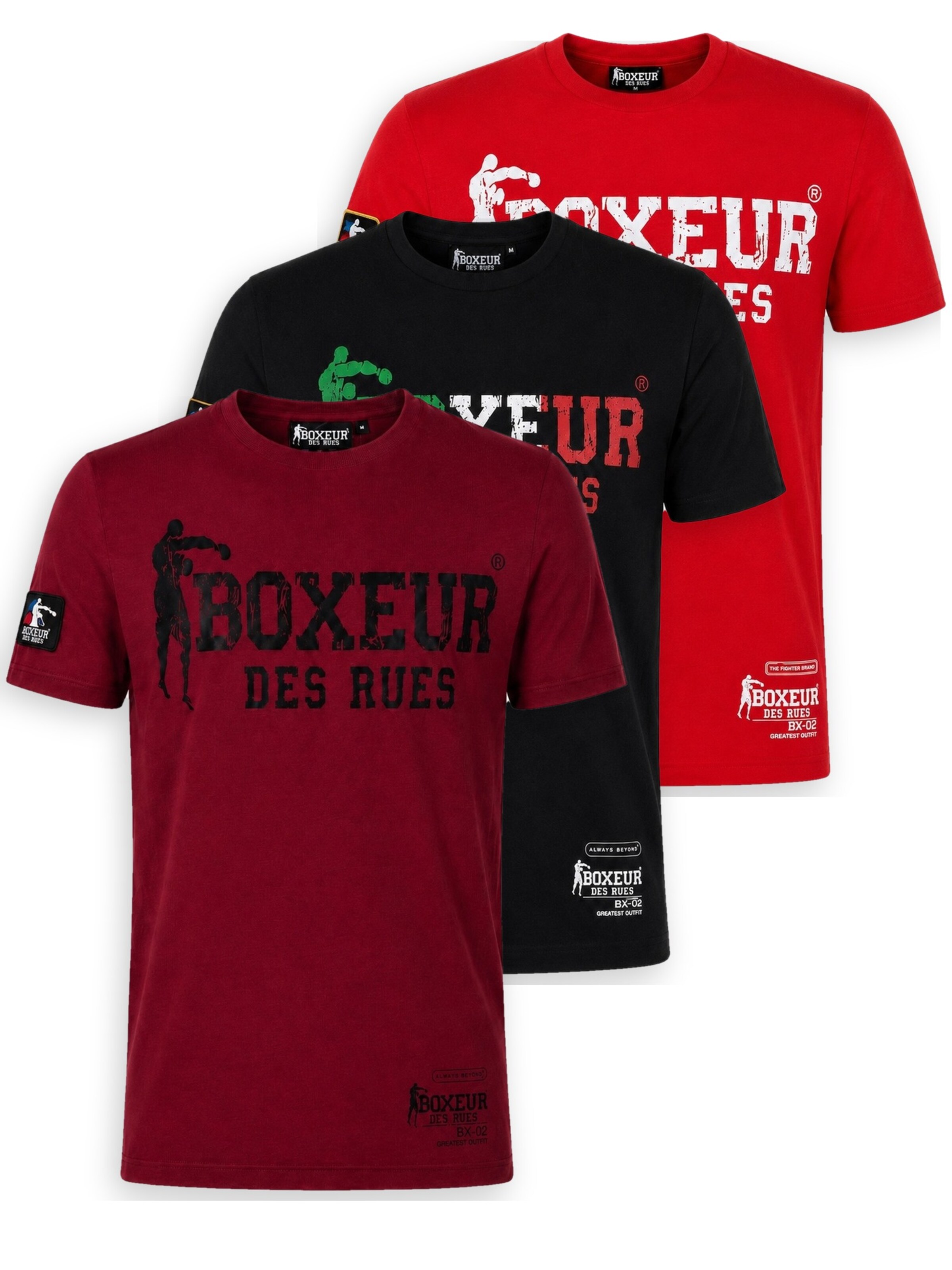 Boxeur des Rues Shirt 'Herren T-Shirt 3er-Pack Boxeur des Rues Slim Fit: Bordeaux + Schwarz, Dreifarbiges Logo + Rot, Weißes Logo' in Mixed colors: front