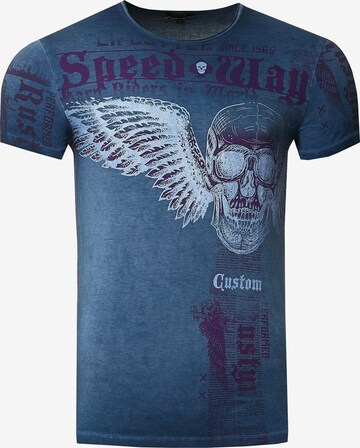 Rusty Neal T-Shirt mit 'Flying Skull' Front Print in Blau: predná strana