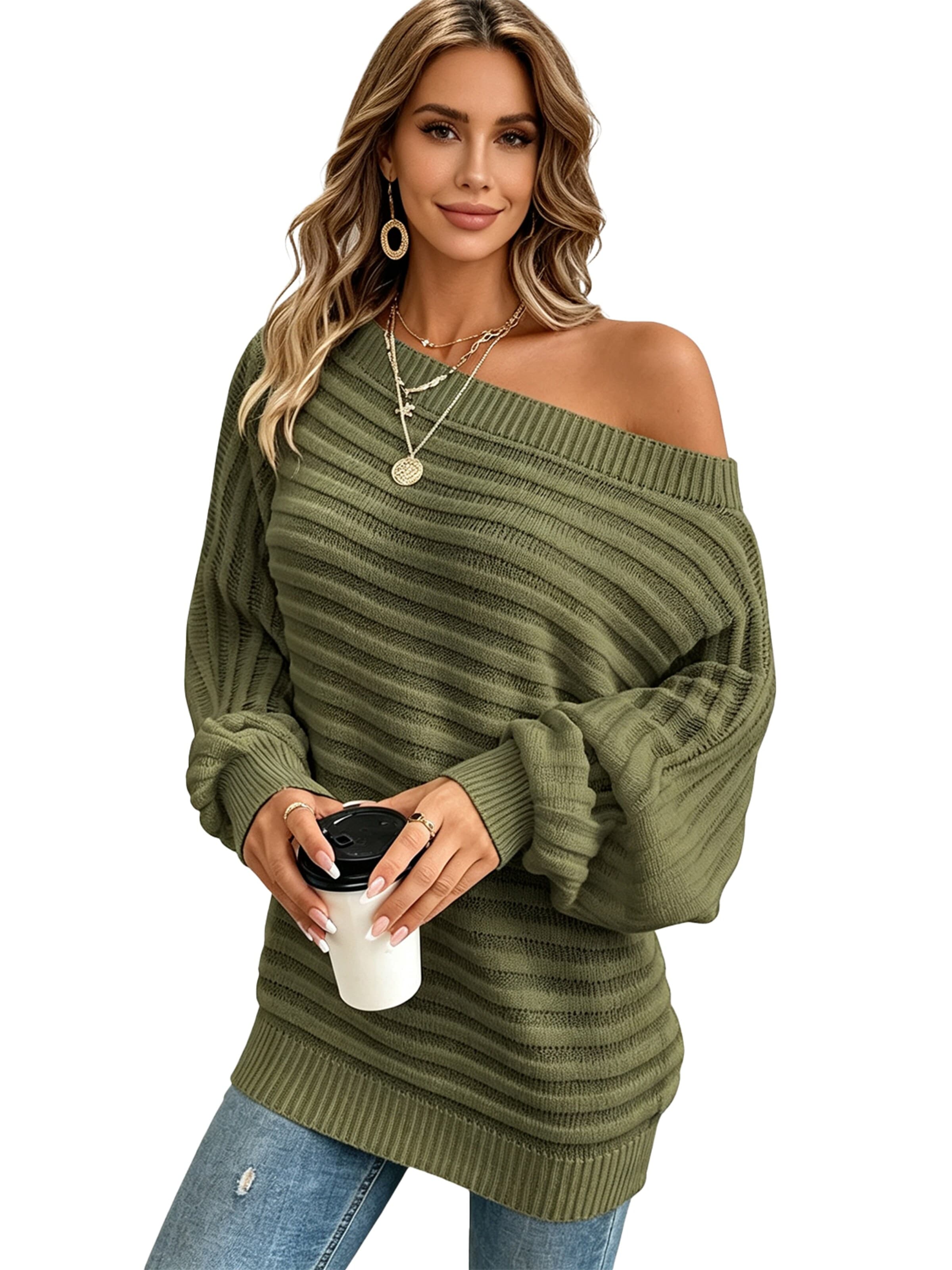 KoJooin Sweter 'Damen Strukturiertes Rippstrick Pullover Carmenausschnitt und Fledermausärmeln Oversize-Strickpulli' w kolorze zielony
