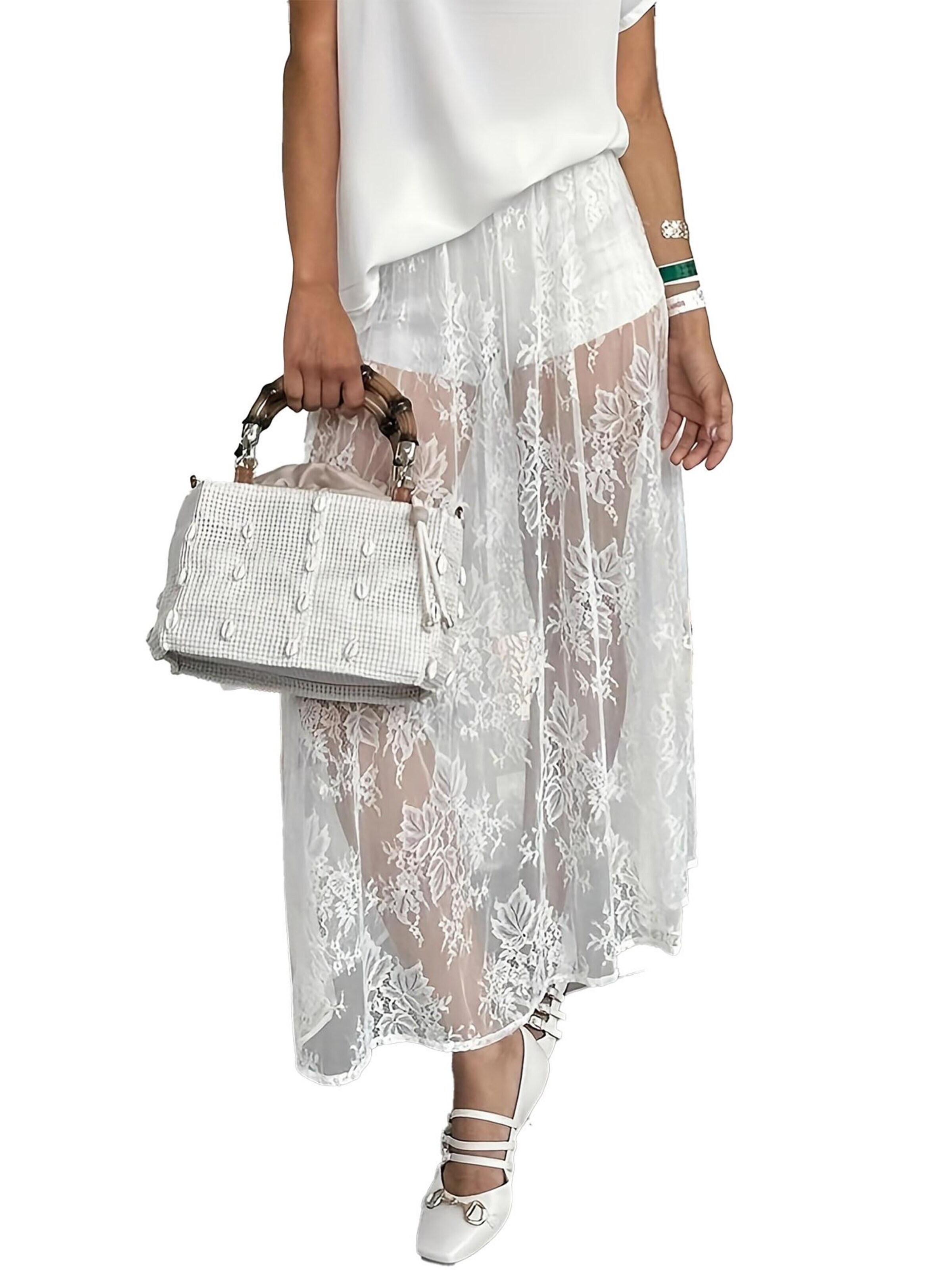 KoJooin Skirt 'Transparenter Maxirock aus Spitze für Damen,hochtailliert,aus durchsichtigem Mesh,A-Linie,fließend' in White