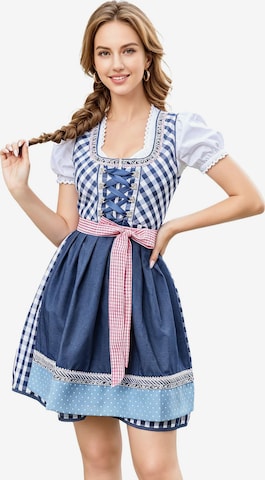 KoJooin Dirndl 'Damen 3-teiliges Fest-Set blauem Jeans-Patchwork-Karo-Rock, passend für Oktoberfest,Halloween' w kolorze niebieski: przód