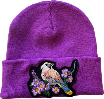 RADADA Beanie 'Waxwing Bird' in Purple: front