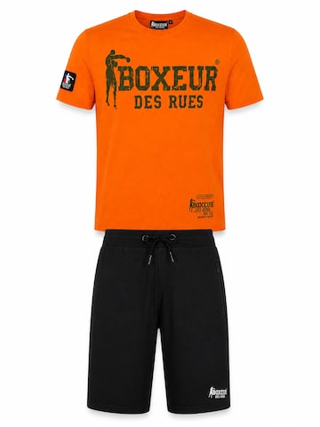 Boxeur des Rues - Traje para estar en casa 'Herren Set Boxeur des Rues: Baumwollshorts Schwarz + Slim-Fit T-Shirt Intensives Orange, Olivgrünes Logo' en naranja: frente