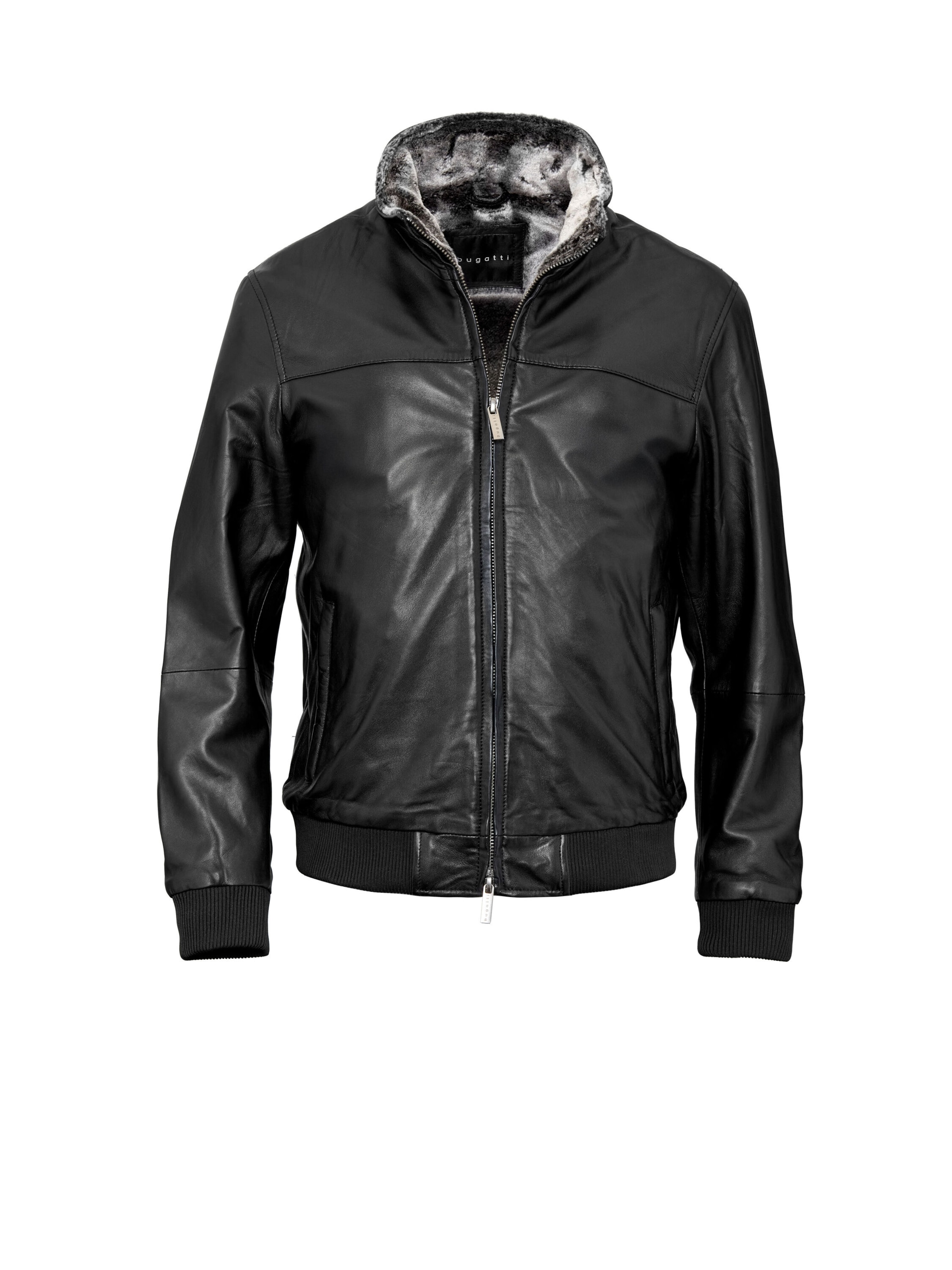 bugatti Lederjacke 'BUARTURO' mit Rippbündchen an Ärmeln und Bund, Kunstfell in Schwarz: Vorderseite