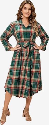 KoJooin Sukienka koszulowa 'Damen Plus Size Kariertes Kleid mit Bindeband, Knopfleiste, Taschen und geschwungenem Saum' w kolorze zielony: przód