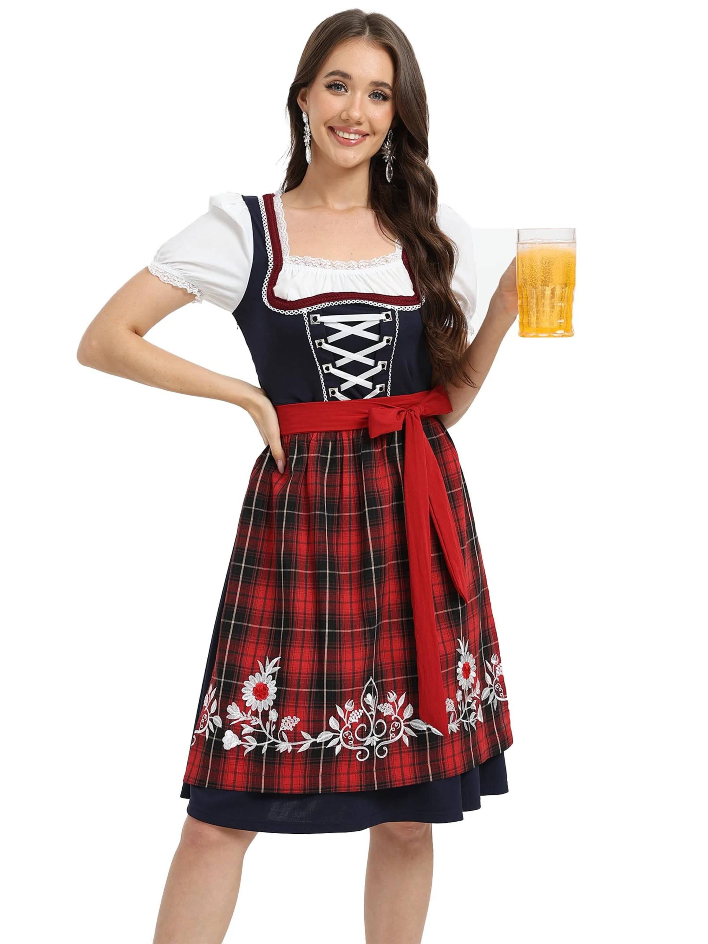 KoJooin Dirndl 'Damen Rotkariertes Stickerei-Dirndl-Zweiteiler mit Schürze für Oktoberfest, Halloween & Karneval' w kolorze czerwony