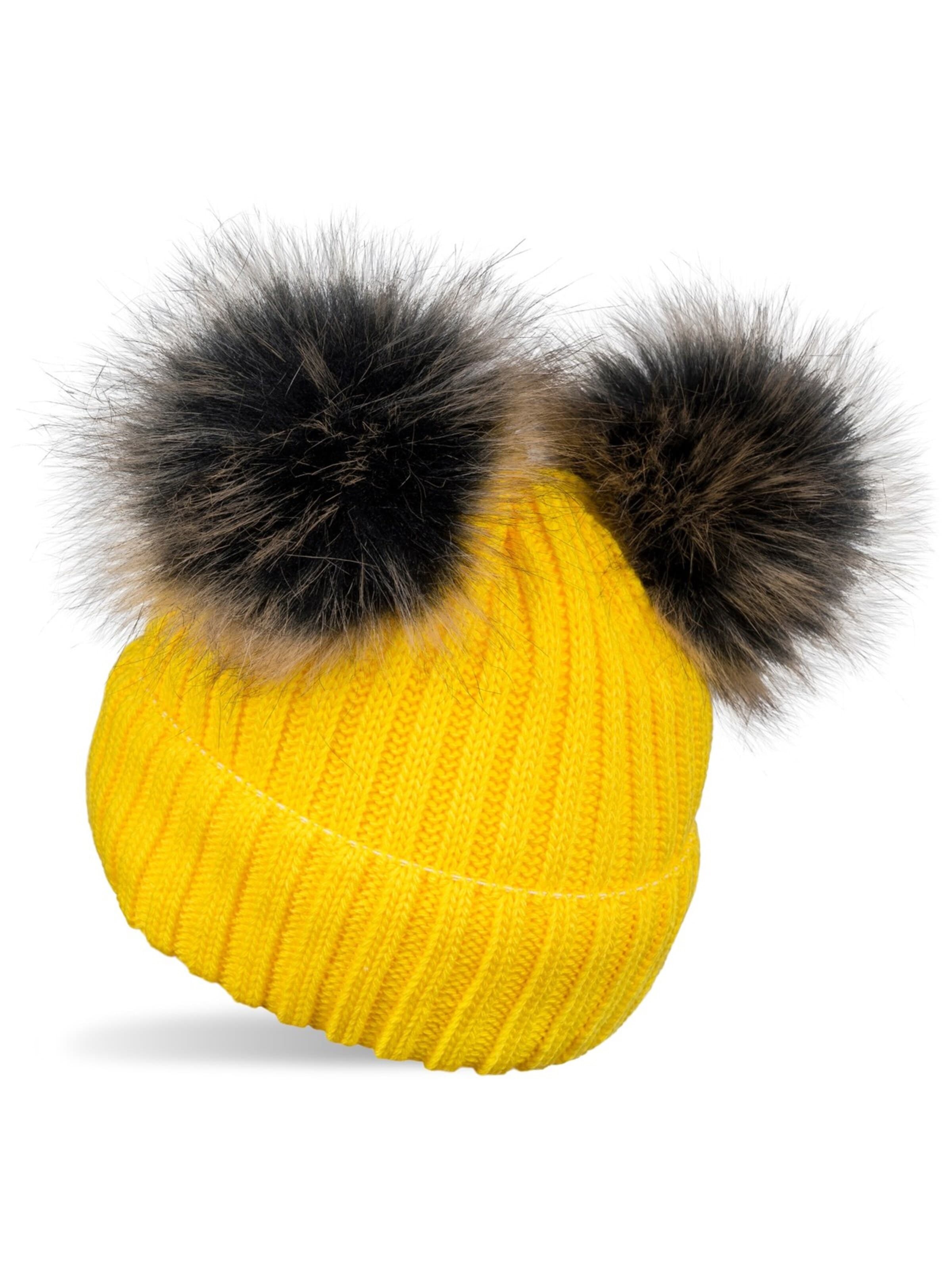 styleBREAKER Beanie 'Kinder Bommelmütze mit zwei Bommel' in Yellow: front