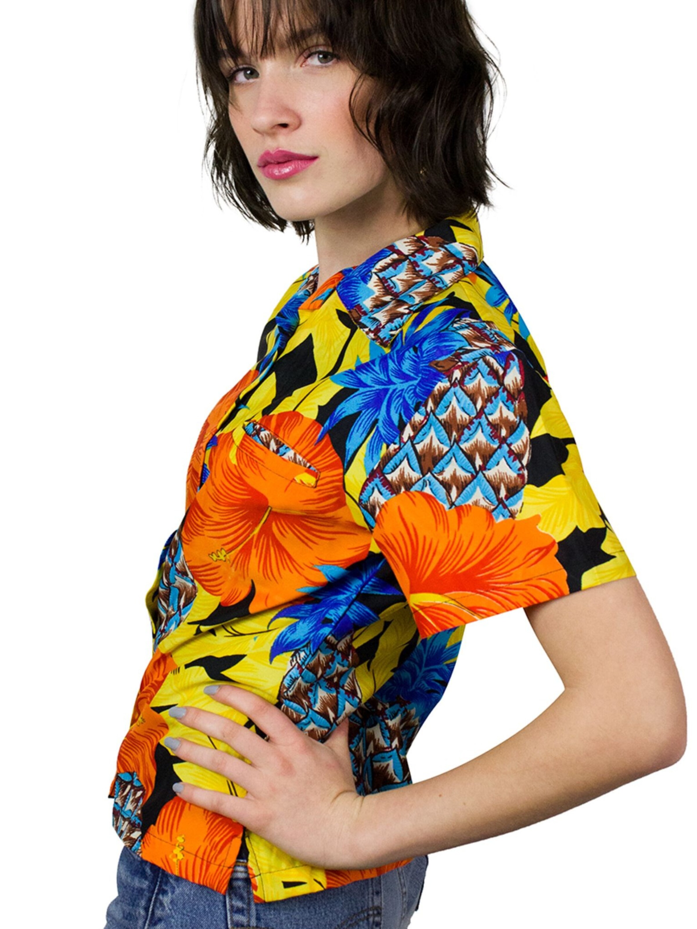 King Kameha Bluse 'Pineapple Hibiscus Black Line'‌‌‌‌ in Gelb