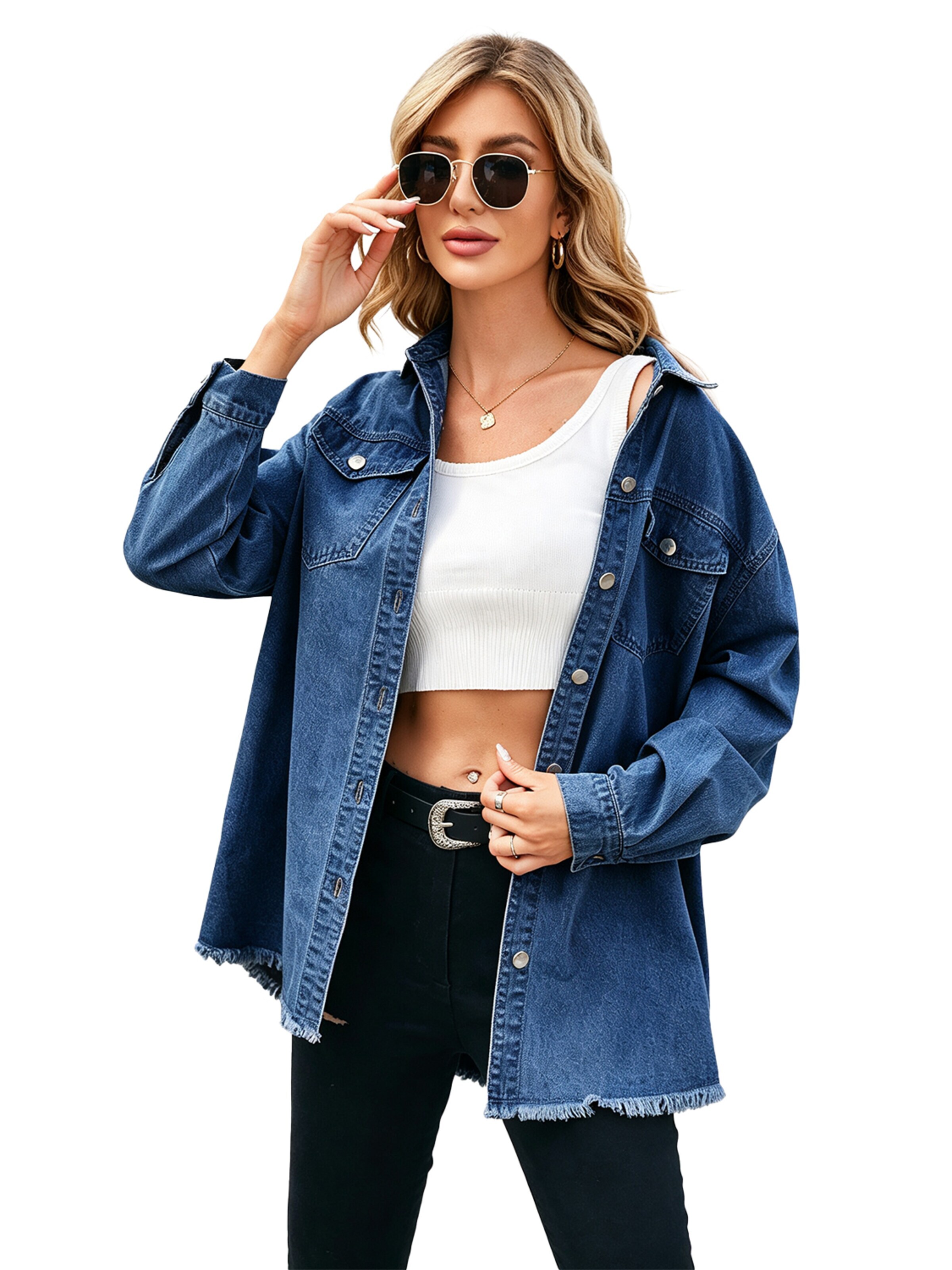 KoJooin Płaszcz letni 'Damen Übergrößen Jeansjacke mit Knopfleiste und Used-Look Trendige Denim Shacket für Herbstoutfits' w kolorze niebieski