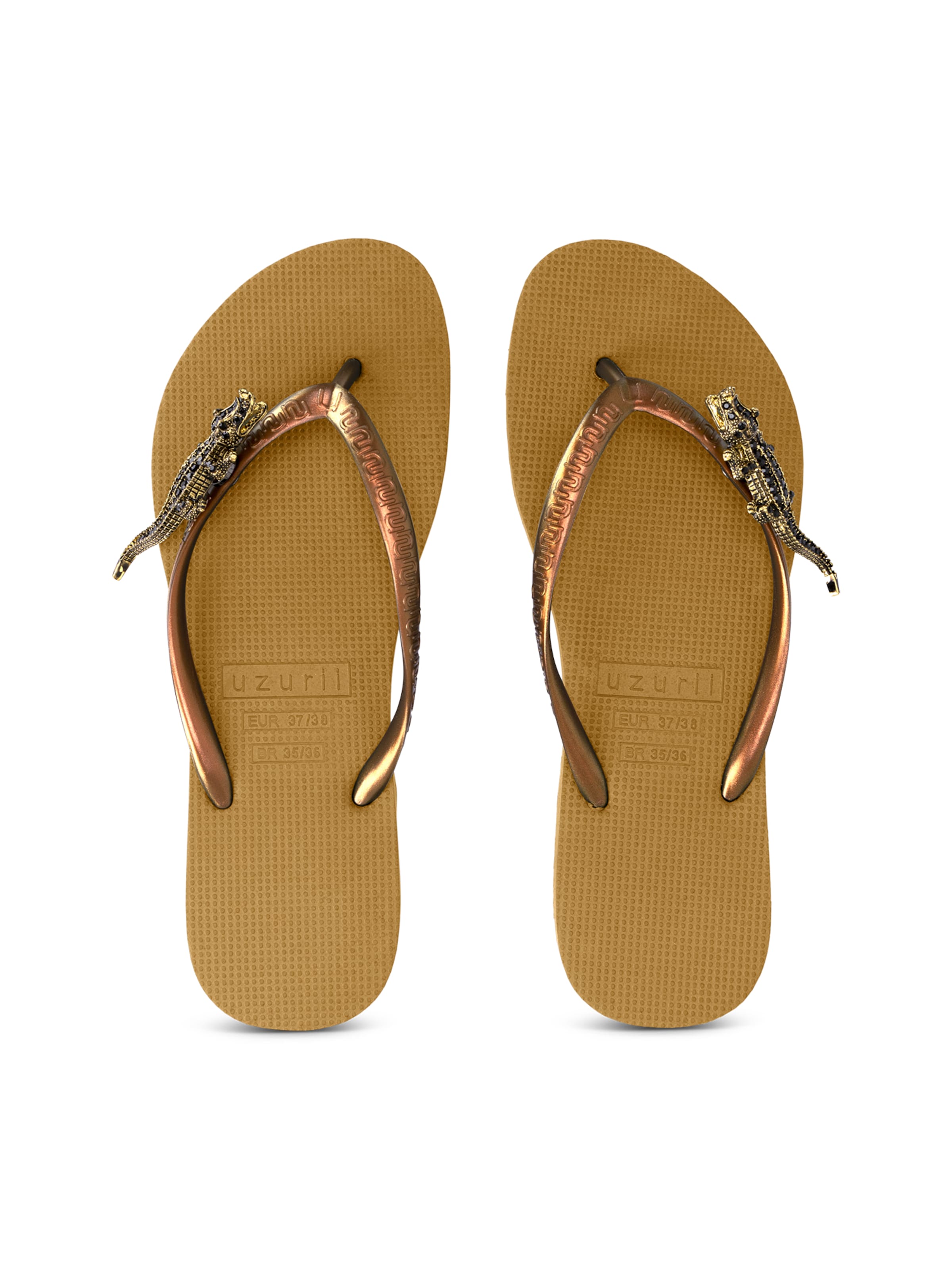 Uzurii Luxury Footwear T-Bar Sandals 'Crocodile' in Brown: front