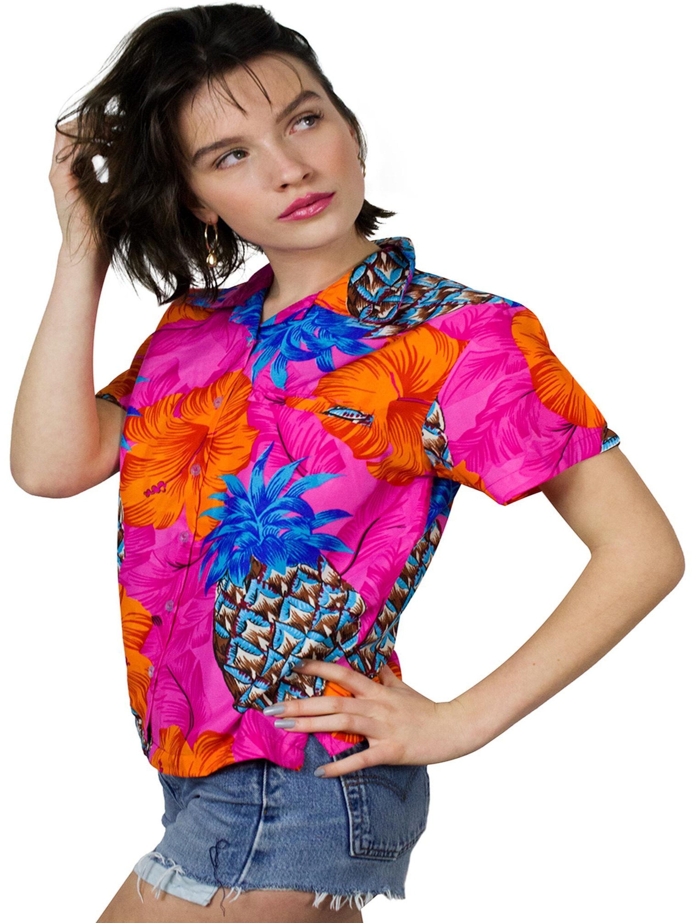 King Kameha Blouse 'Pineapple Hibiscus Shadow Line' in Pink