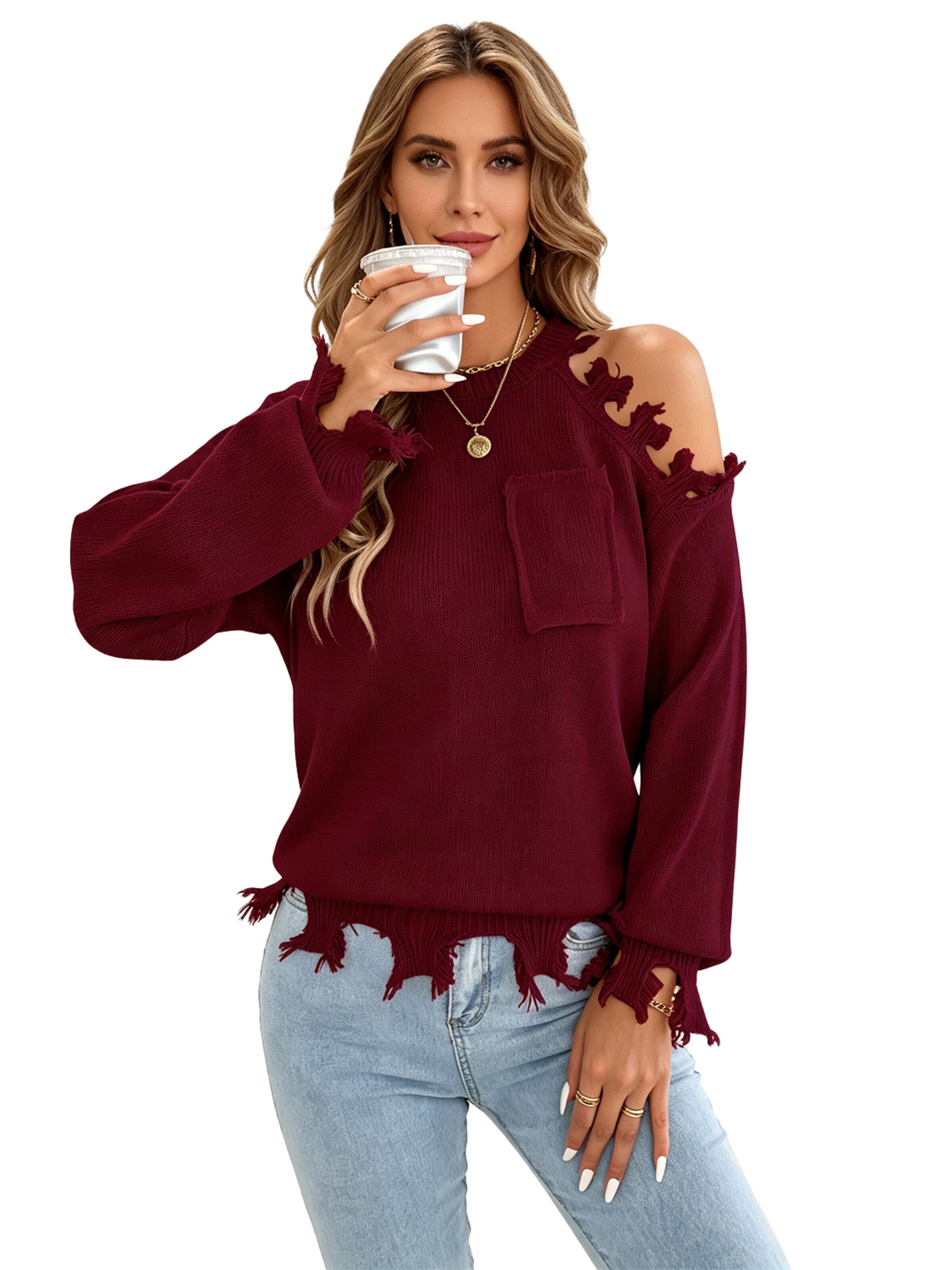 KoJooin Sweter 'Damen Oversize Off-Shoulder Strickpullover Langarm Rundhals Look und Kuschelweichem Material' w kolorze czerwony