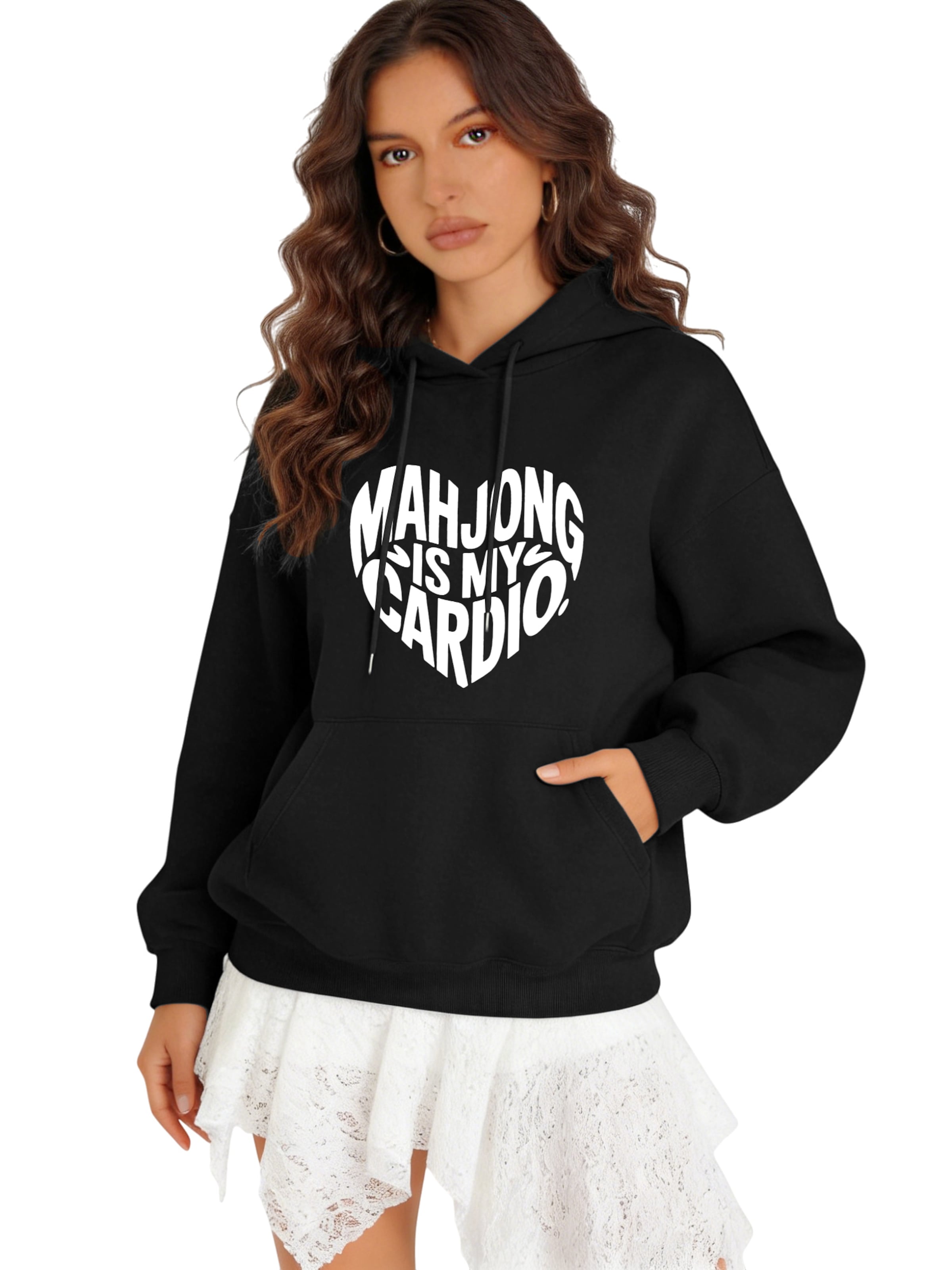 GORHEY Sweatshirt 'Oversized Women's Winter Fleece Hoodie with Large Pockets and Heart Graphic Print' in Black: front