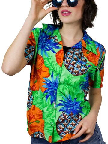 King Kameha Bluse 'Pineapple Hibiscus Shadow Line' in Grün: Vorderseite