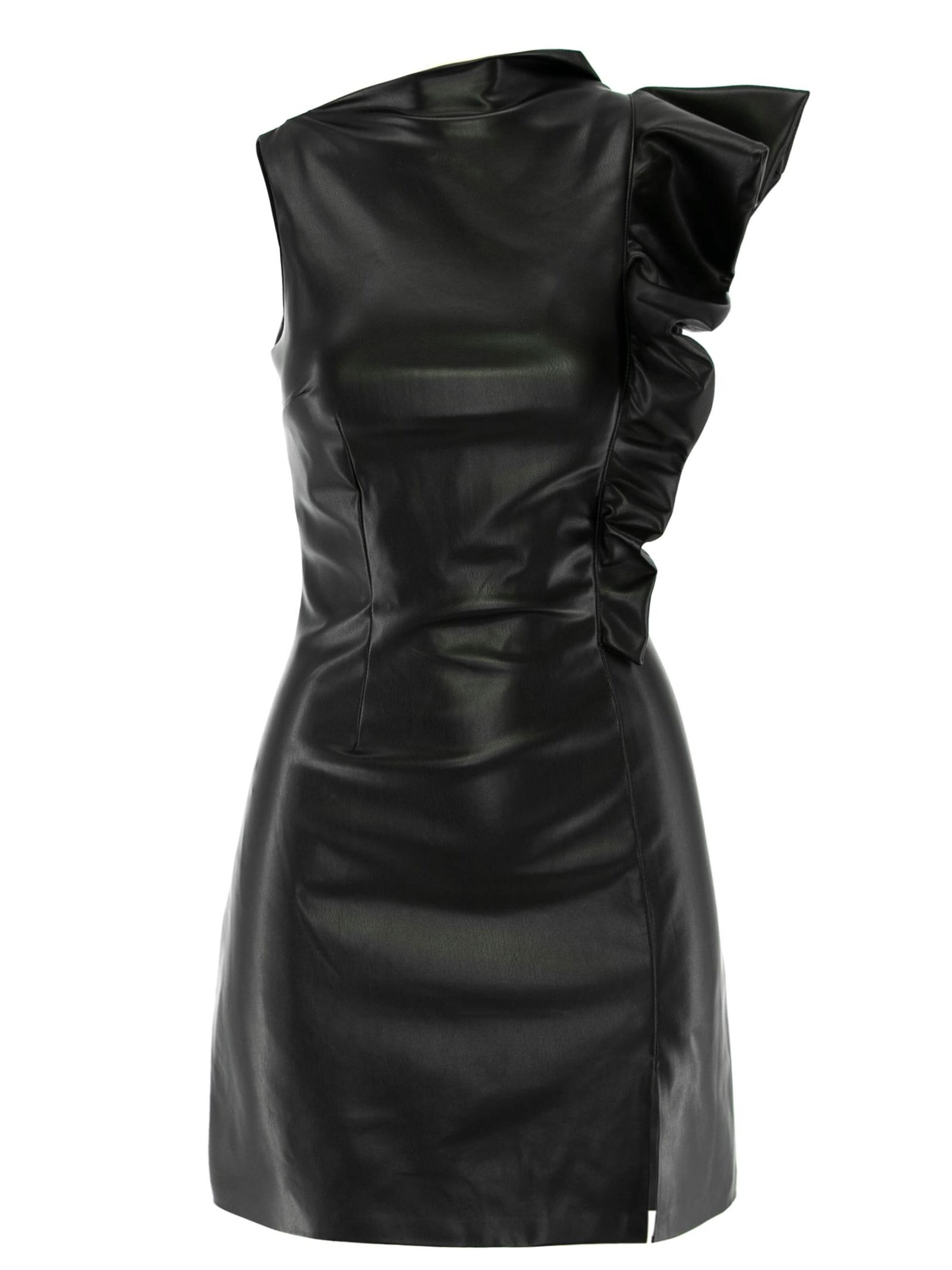 AVENUE N°29 Kleid 'Eco Leather Asymmetrical Mini Dress With Ruffle'‌‌‌‌‌‌ in Schwarz: Vorderseite