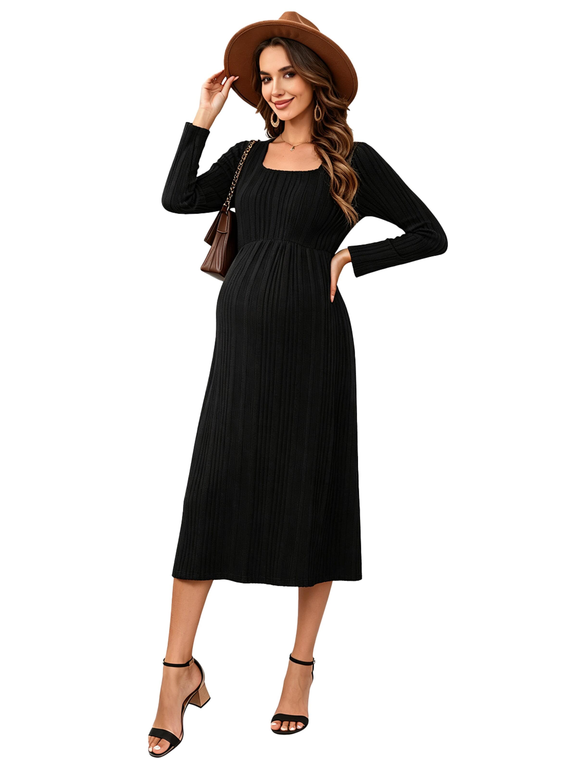 KoJooin Sukienka z dzianiny 'Damen Umstands-Strickkleid mit U-Ausschnitt,langen Ärmeln und Rüschensaum,Midi-Kleid für Babyshower' w kolorze czarny