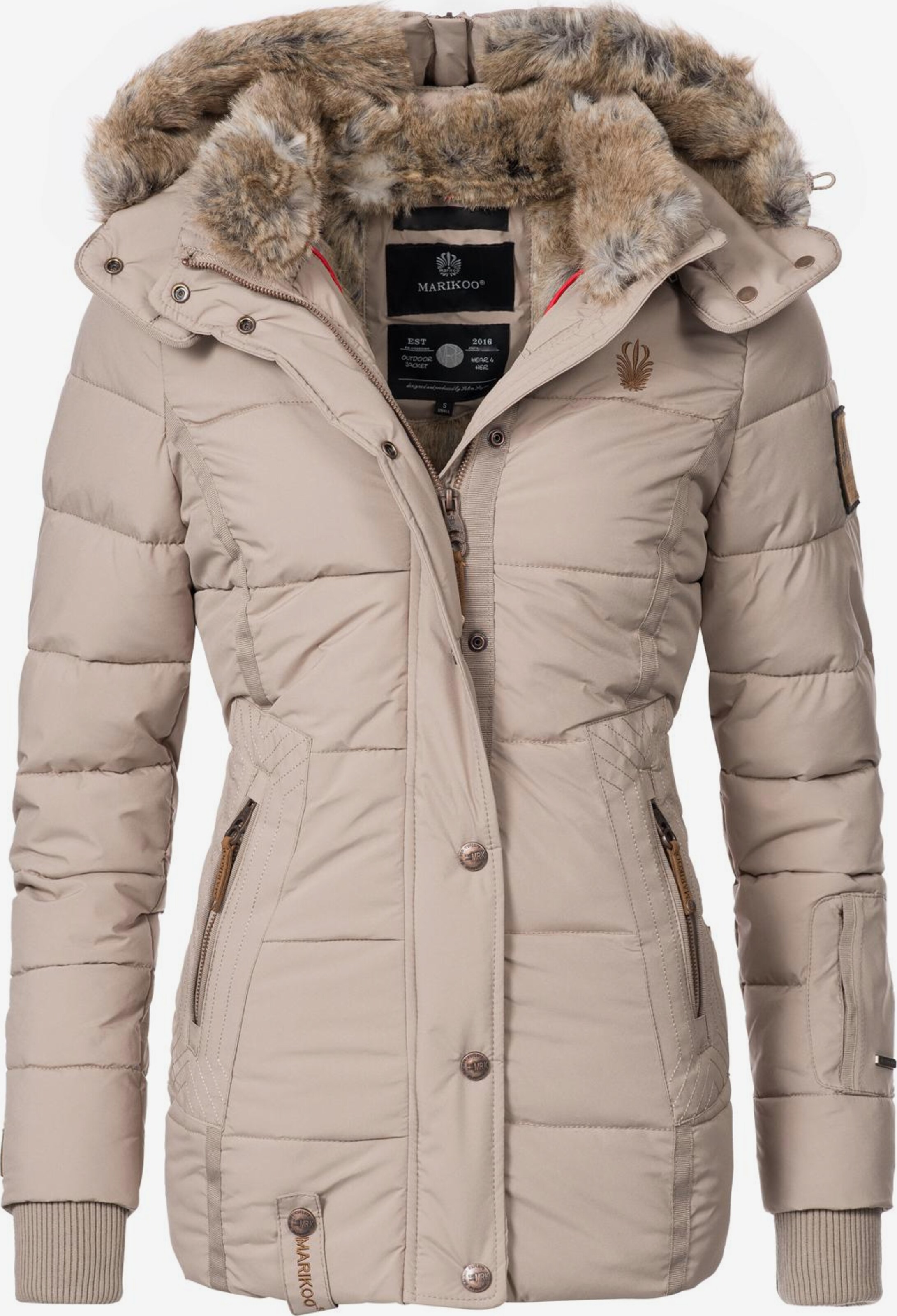 MARIKOO dames winterjas (S-5XL) - gewatteerd, afneembare capuchon, drukknoopsluiting - N101, olijfgroen, S