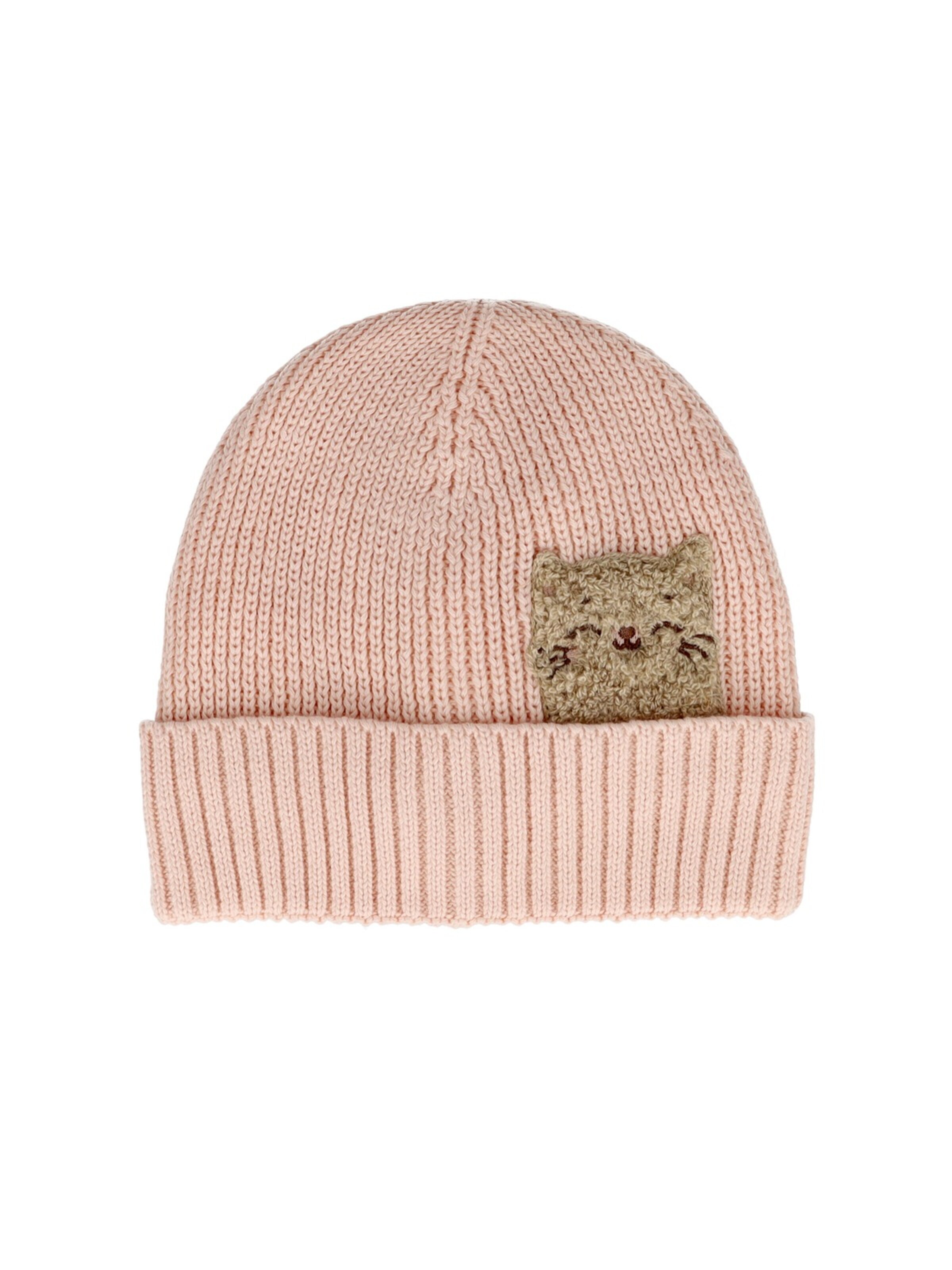 MAXIMO Beanie 'MINI GIRL-Beanie, cat Frotteestickerei, Umschlag, Vollfutter' in Pink: front