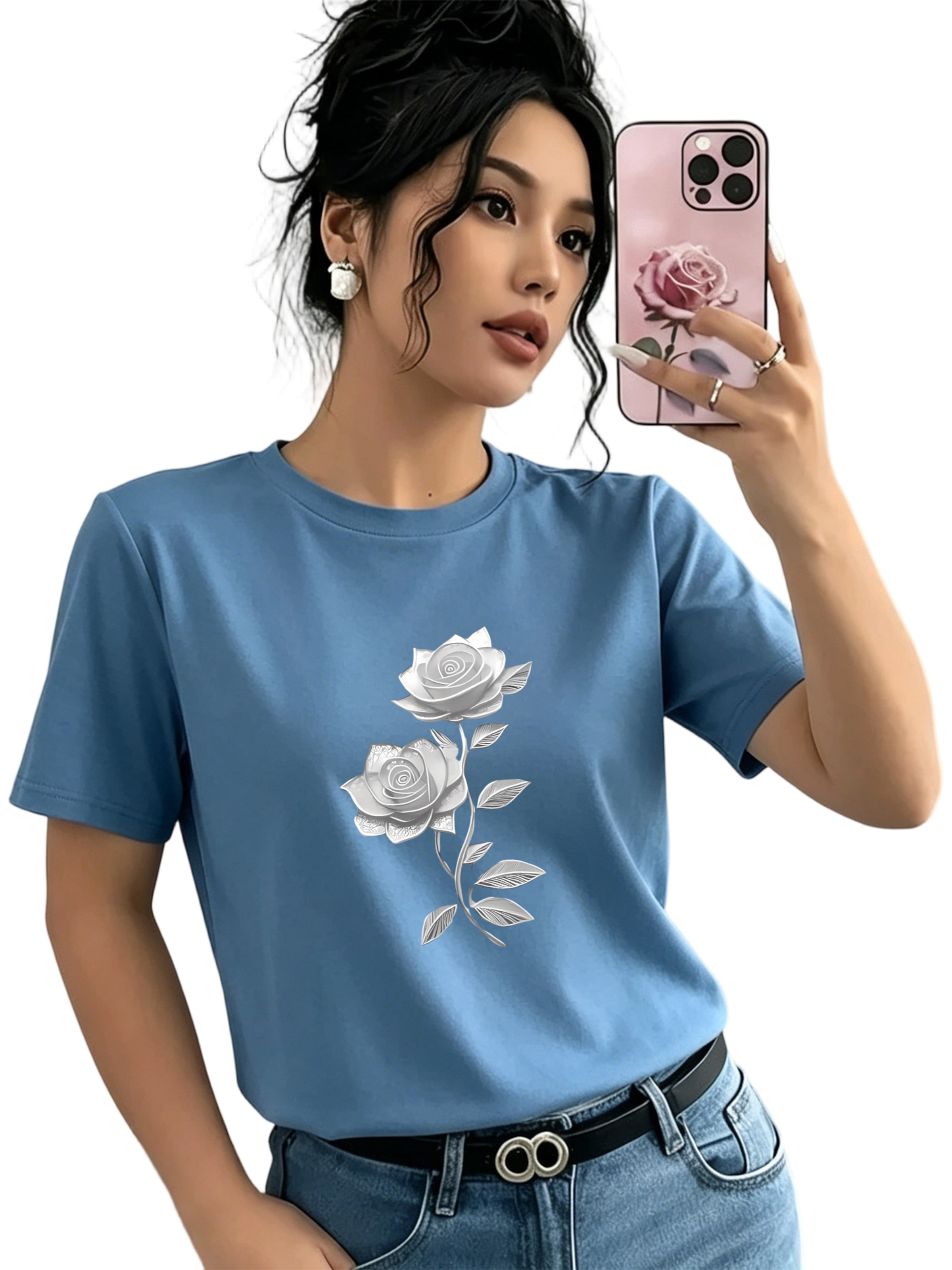 GORHEY T-shirt 'Women's Summer Casual Cotton T-Shirt with  Rose Print' en XL/Regular en bleu, Vue avec produit