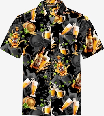 Hawaiihemdshop.deRegular Fit Košulja 'Hawaiihemd "Hawaiian Beer"' - crna boja: prednji dio