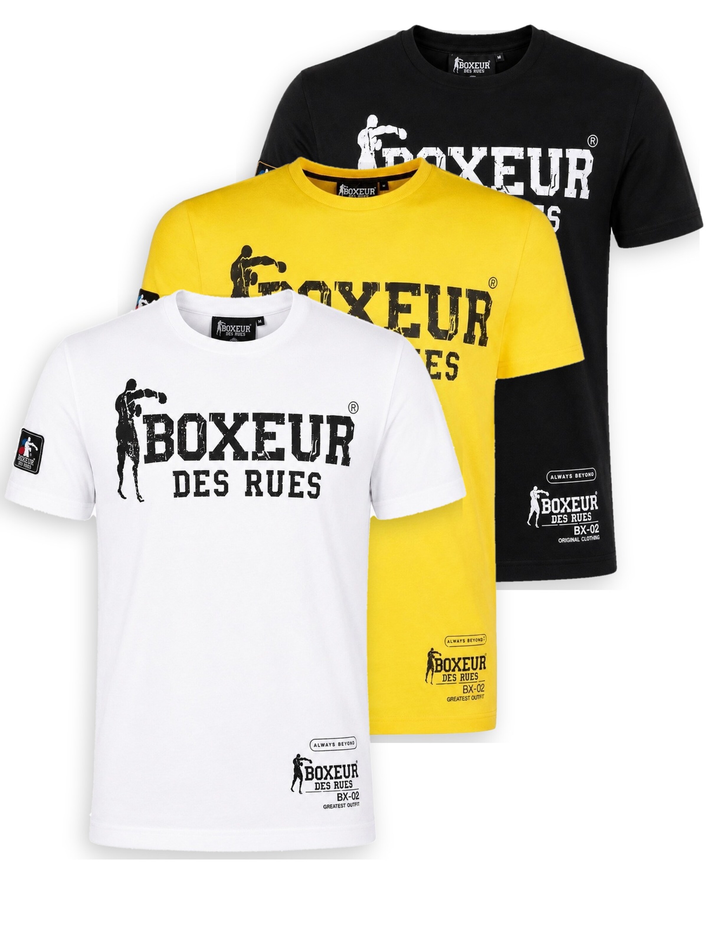 Boxeur des Rues Shirt 'Herren T-Shirt 3er-Pack Boxeur des Rues Slim Fit: Weiß, Schwarzes Logo + Gelb, Schwarzes Logo + Schwarz, Weißes Logo' in Gemengde kleuren: voorkant