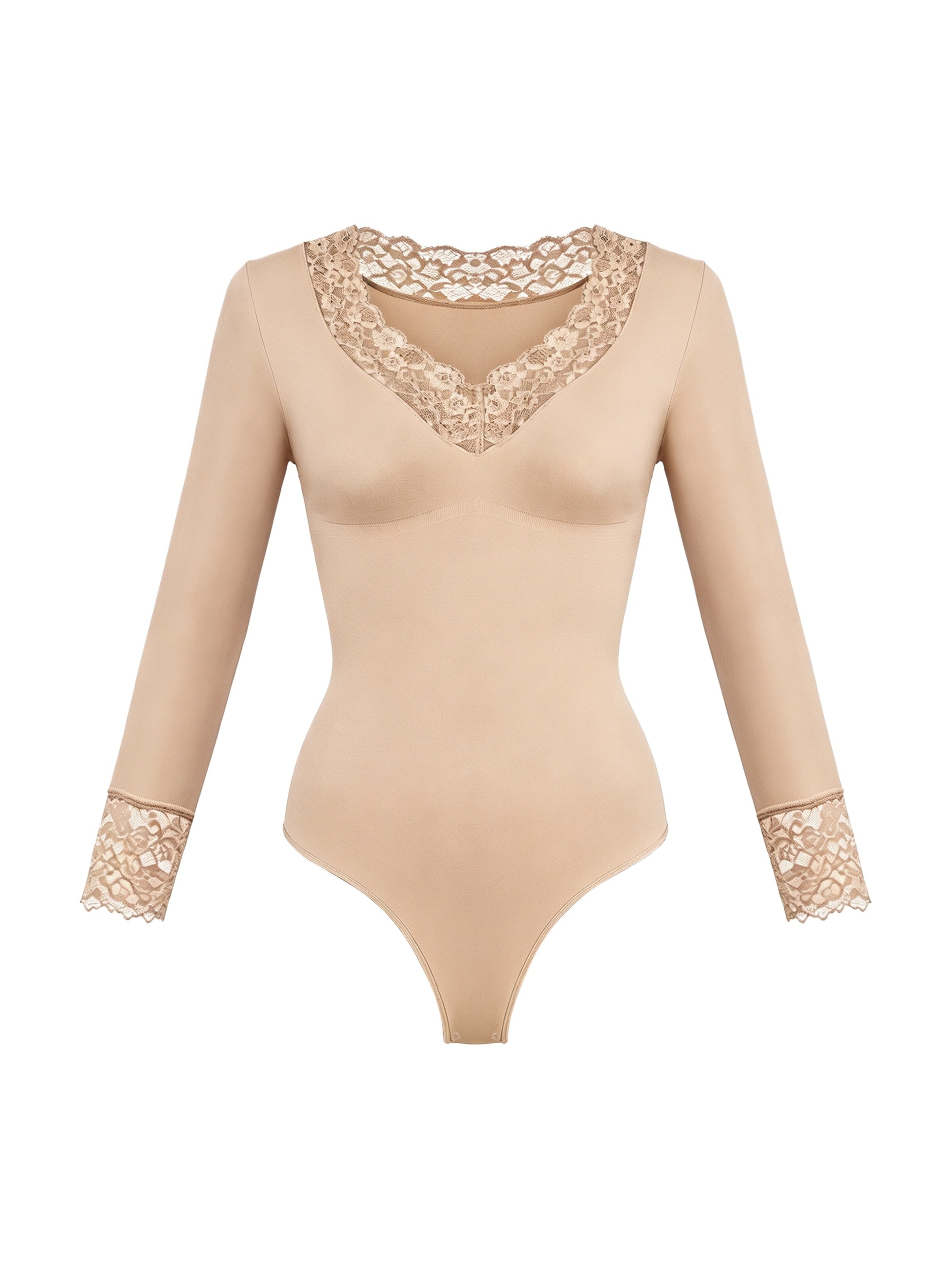 Body modelant 'Clean Longsleeve V-Neck with Lace Sculpting Bodysuit with String' cfab en beige : devant