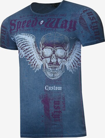 Rusty Neal T-Shirt mit 'Flying Skull' Front Print in Blau