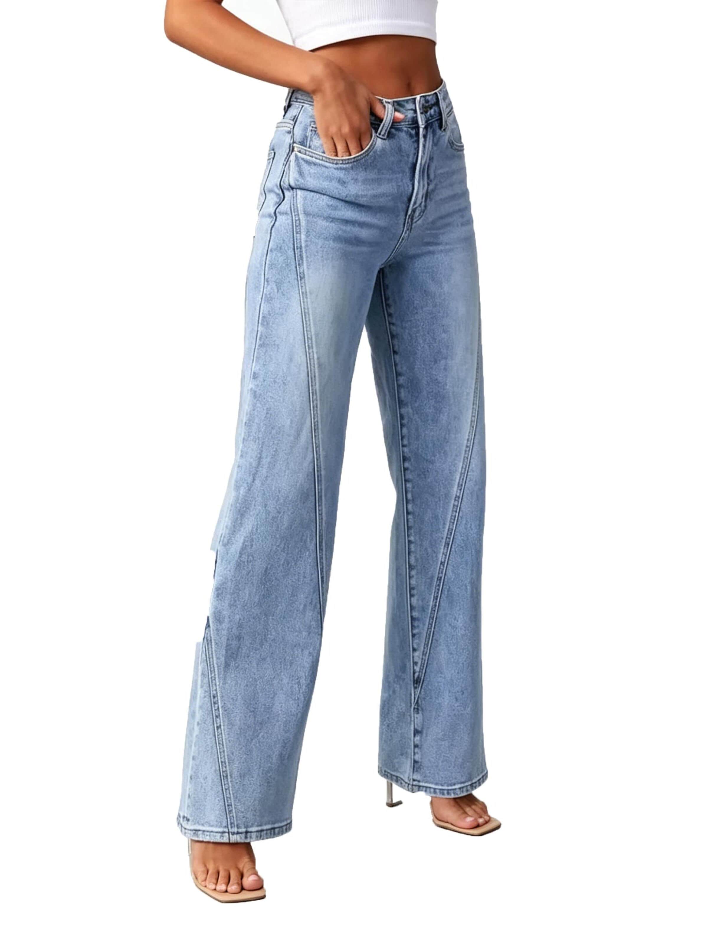 KoJooin Normalny krój Jeansy 'Damen High Waist Flare Jeans Dekorative Seitennähte Gerader Schnitt Modische Denim Hose Alltag' w kolorze niebieski