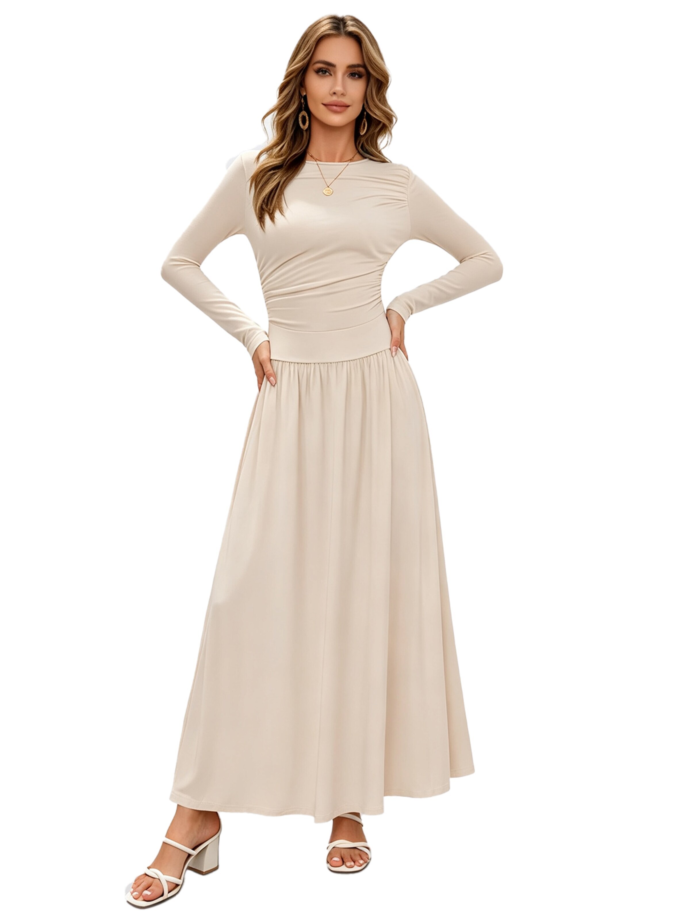 KoJooin Dress 'Damen Langarm Strickkleid mit Rundhals, Raffung und Taschen – Figurbetontes, elegantes Midikleid' in Orange