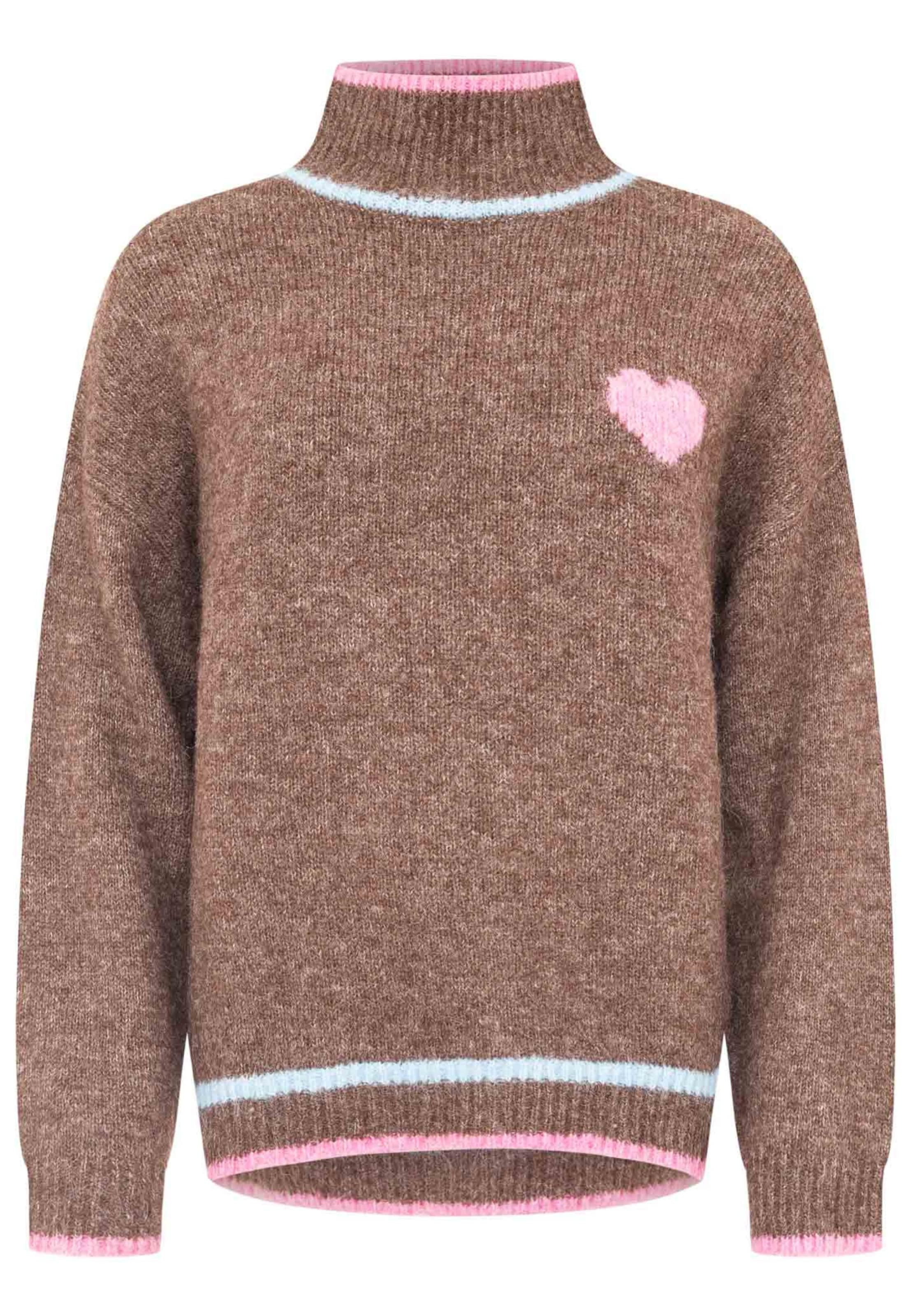 Zwillingsherz Strickpullover High Neck Pullover heart in Braun: Vorderseite