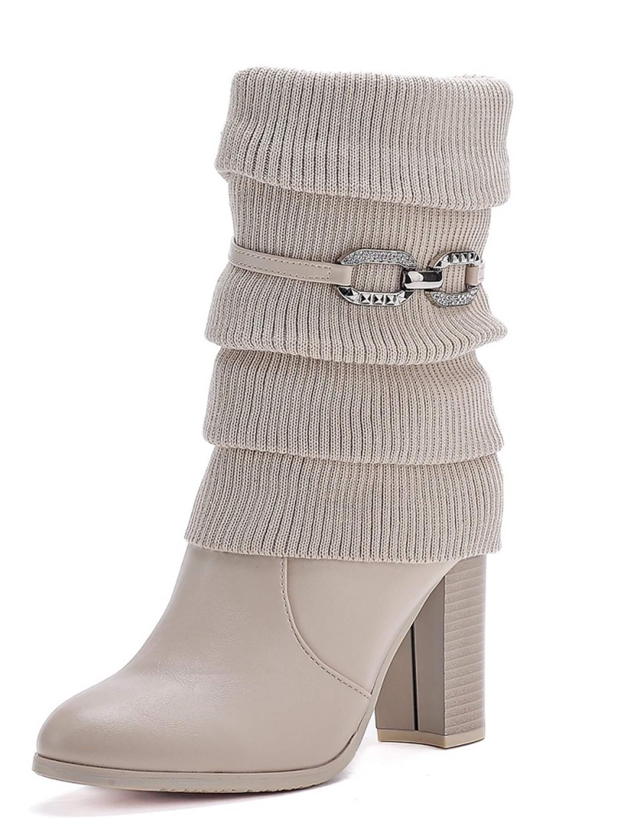 Pogolino Boots 'Damen Stiefel Stiefeletten Absatz Strick Stulpe 570' in Beige: front