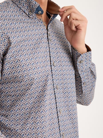 7Camicie Slim fit Zakelijk overhemd 'Donatello Poplin Stretch Man Shirt Blue Beige' in Blauw