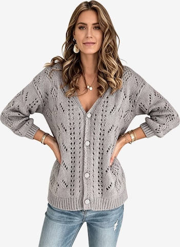 KoJooin Kardigan 'Damen Strickcardigan mit V-Ausschnitt Langarm,Strukturierter Lochmuster-Strick und Knopfleiste' w kolorze szary: przód