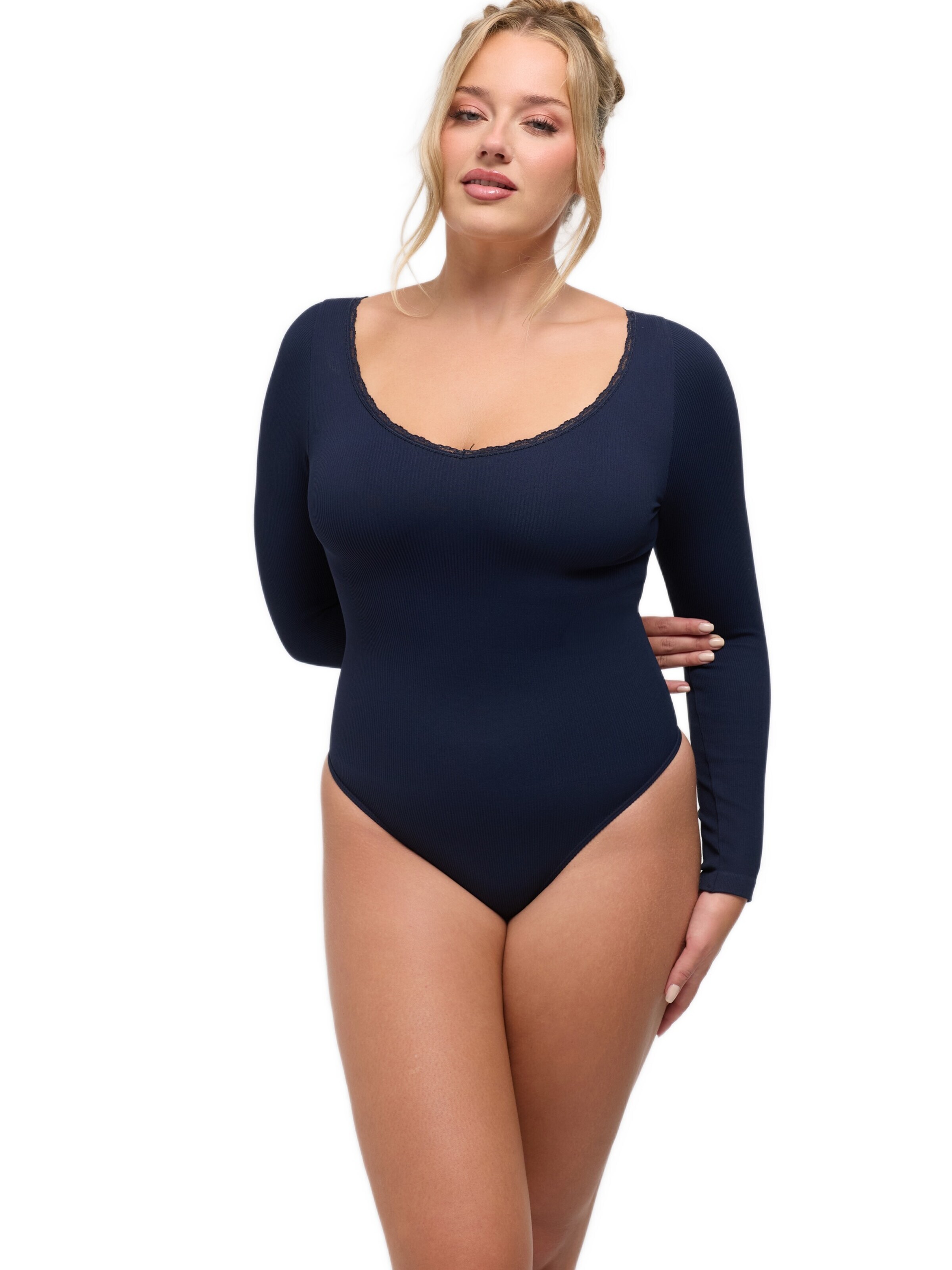 cfab Body 'Ribbed Longsleeve V-Neck Sculpting Lace Bodysuit with String' värissä sininen