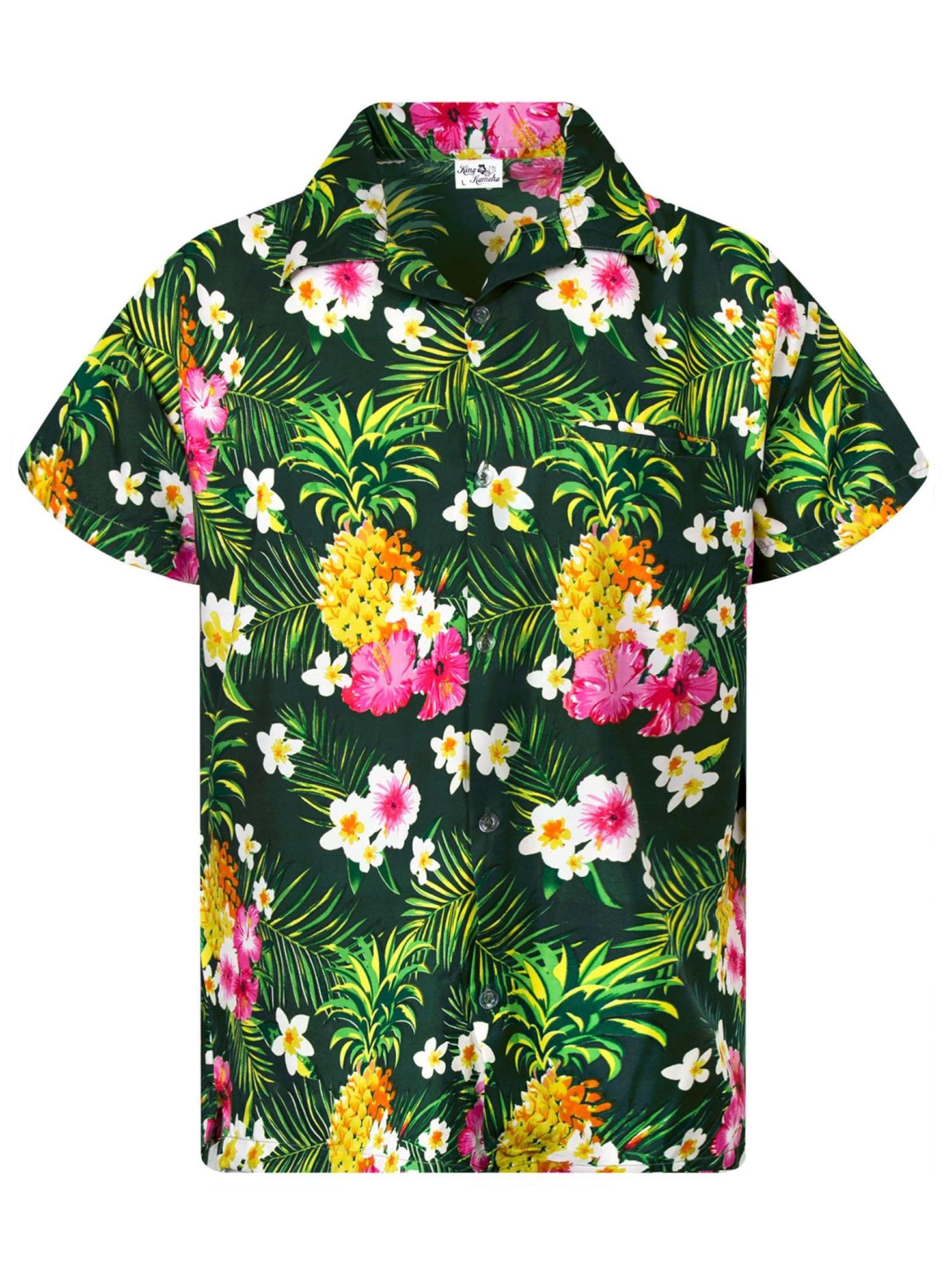 King Kameha Regular Fit Hemd 'Pineapple Flowers'‌‌ in Grün: Vorderseite