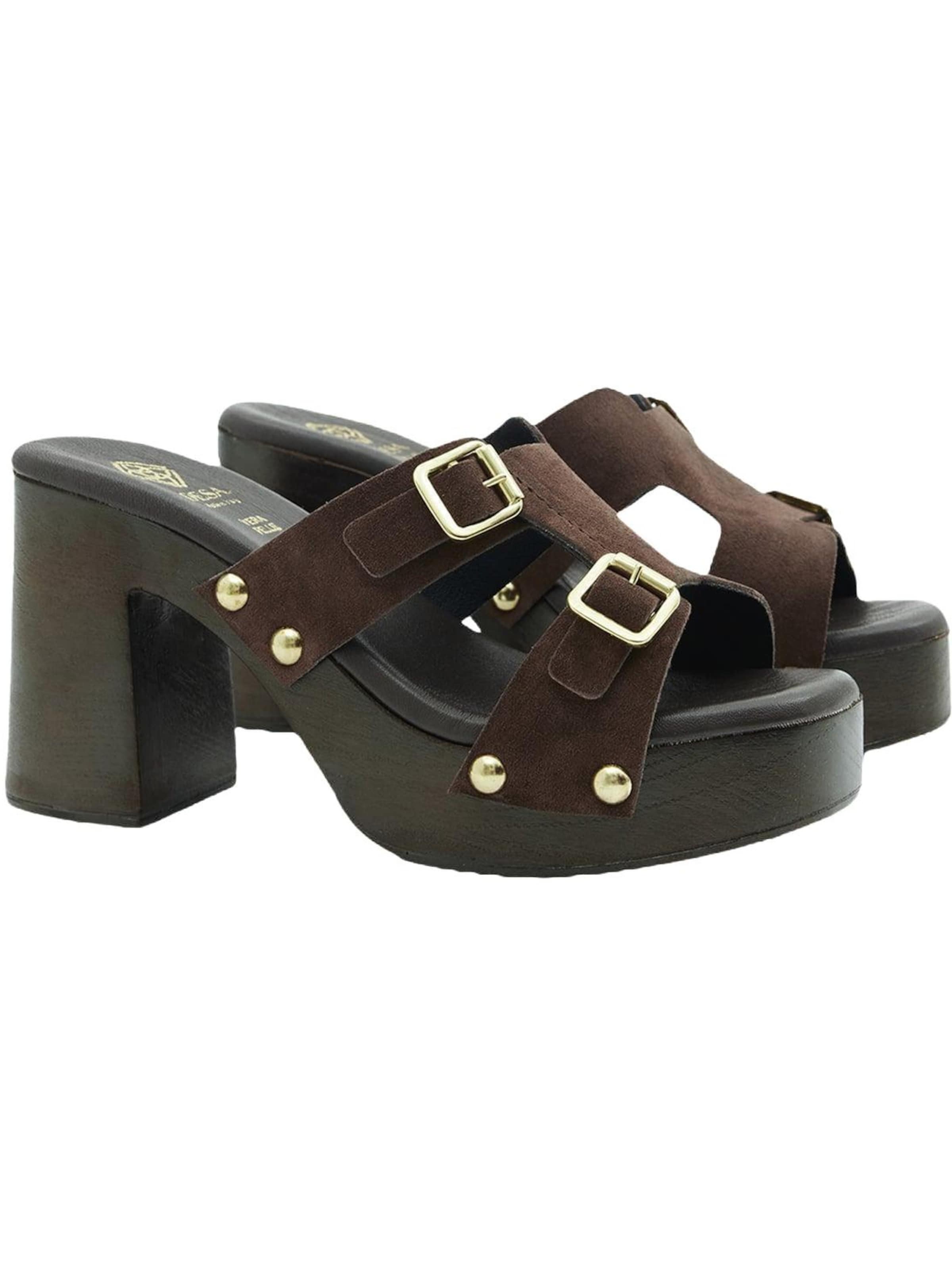 Desa - Zapatillas de casa 'DESA Damen-Plateausandalen aus Wildleder mit Doppelschnalle' en marrón: frente