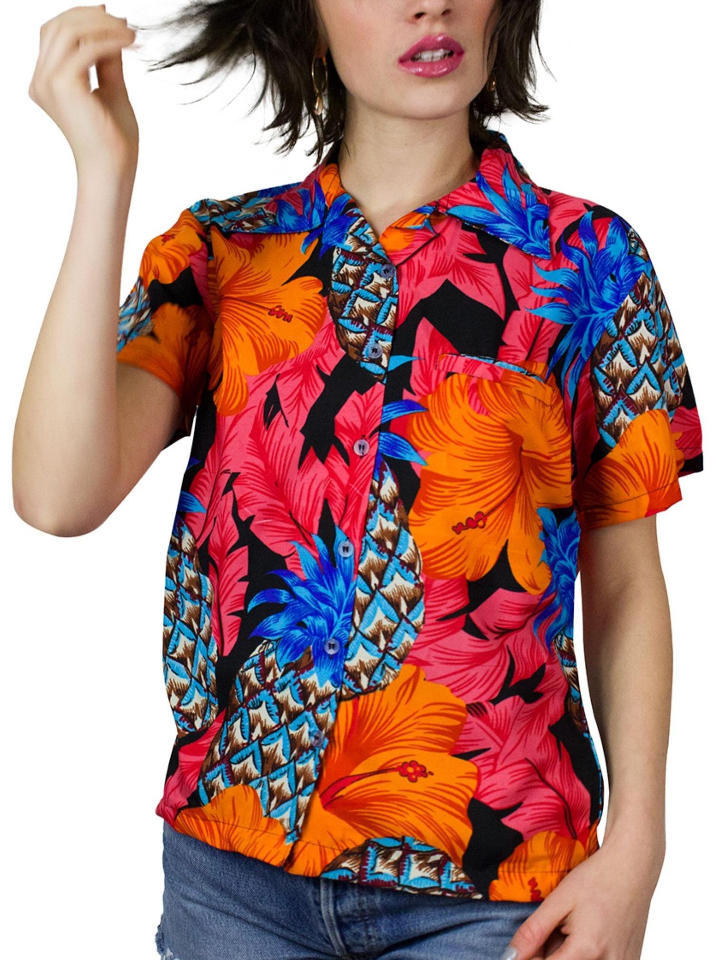 King Kameha Bluse 'Pineapple Hibiscus Black Line'‌‌‌‌ in Rot