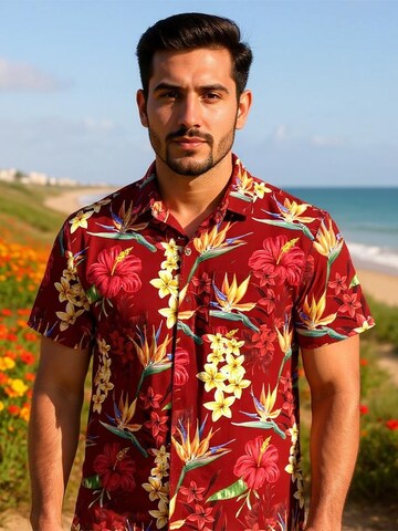 Hawaiihemdshop.de Regular fit Button Up Shirt 'Flowerful Summer (red)' in Red