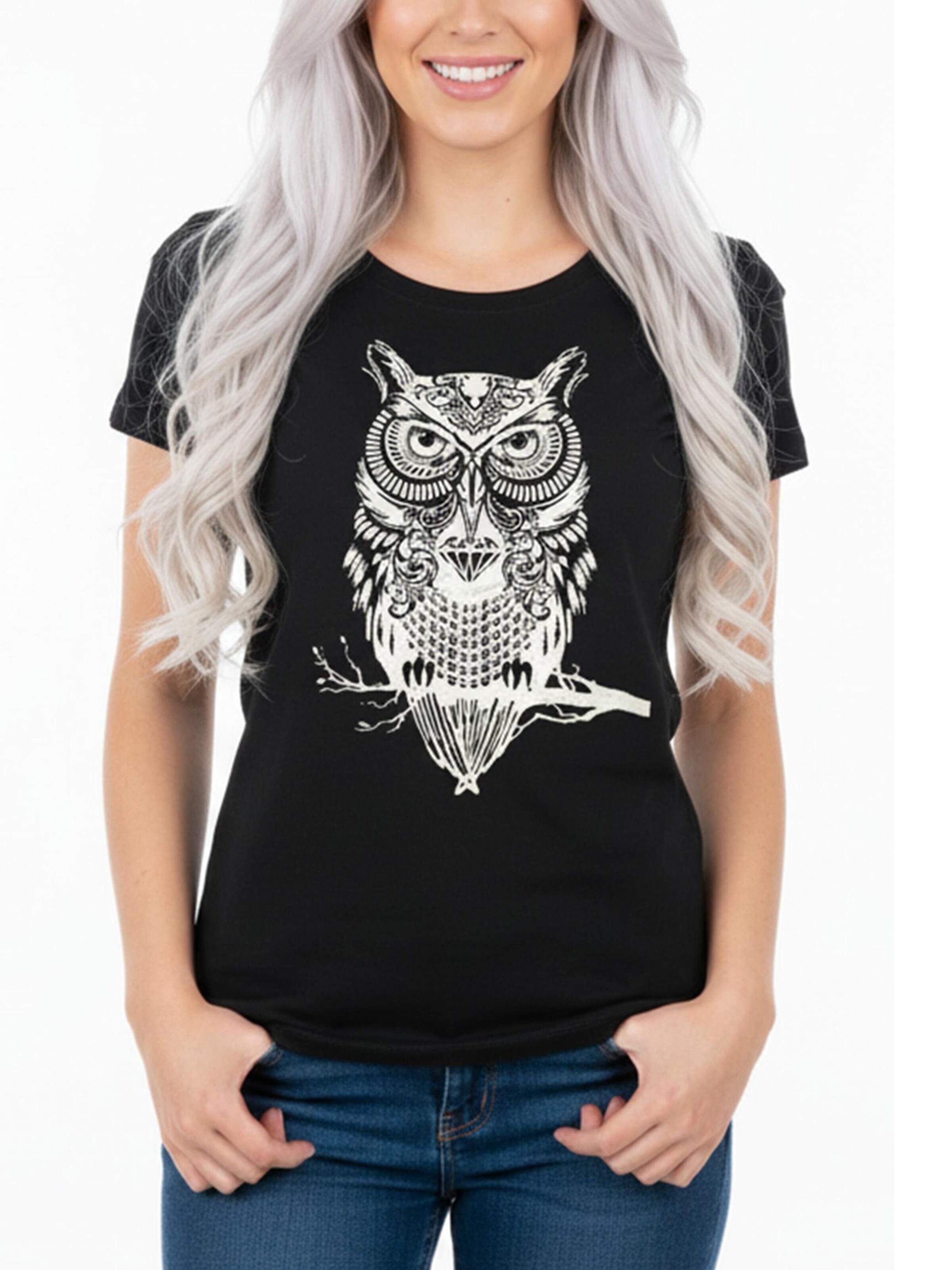 MAKAYA Shirt 'Eule auf Ast'‌‌‌‌‌‌‌‌‌ in Schwarz: Vorderseite