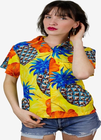 Camicia da donna 'Pineapple Hibiscus Shadow Line' di King Kameha in giallo: frontale